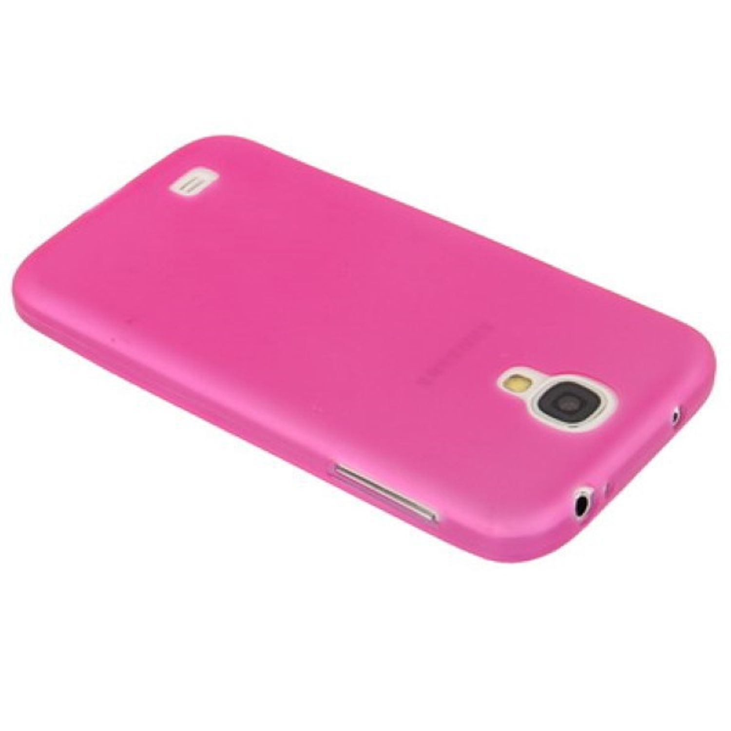 Ein rosa Telefon. Das Telefon ist rosa mit Kamera- und Knopfausschnitten. Das Telefon liegt auf weißem Hintergrund.