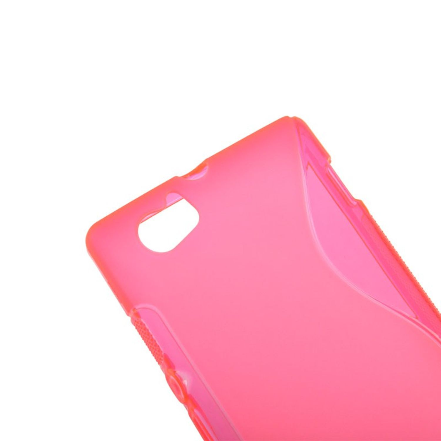 Pinke Handyhülle. Nur ein Teil der Hülle ist sichtbar. Die Hülle besteht aus Kunststoff.