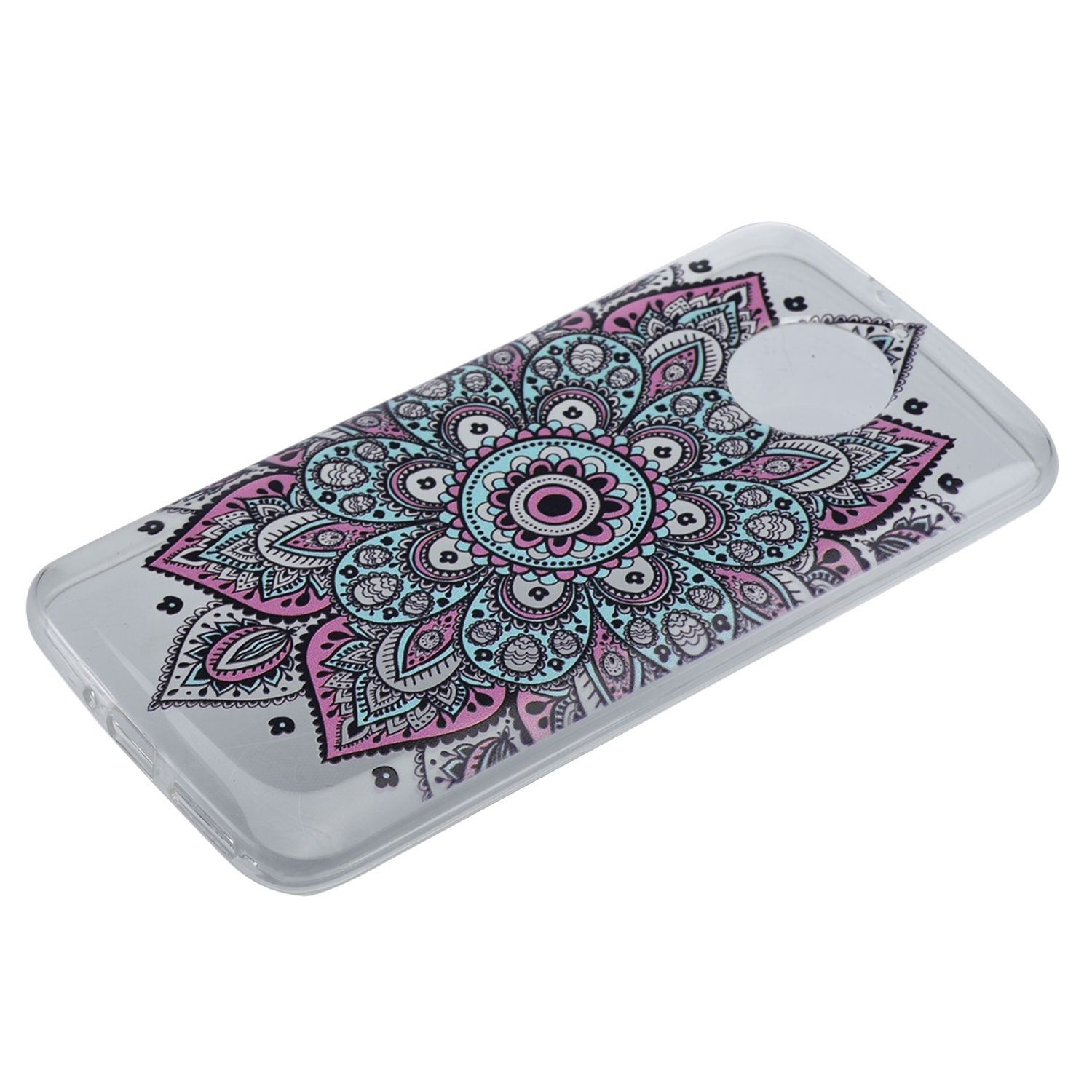 Eine transparente Handyhülle mit Mandala-Design. Weißer Hintergrund.