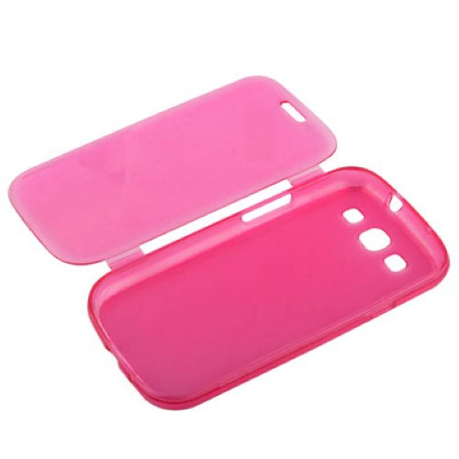 Offene pinke Handyhülle, zeigt die Innenseite des Handys. Die Hülle ist für ein Handy.