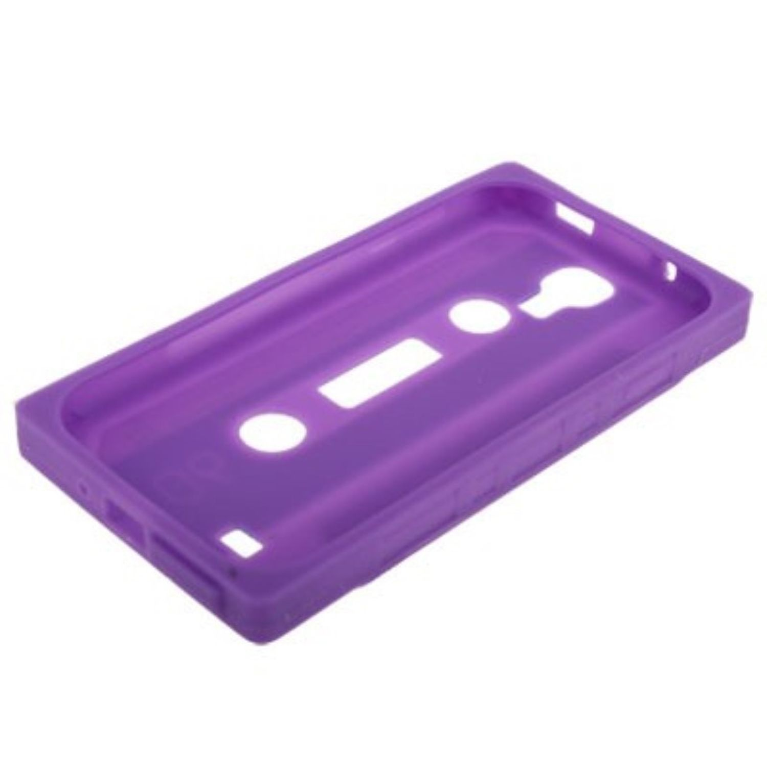 Eine lila Handyhülle in Form einer Kassette liegt auf einer weißen Oberfläche.