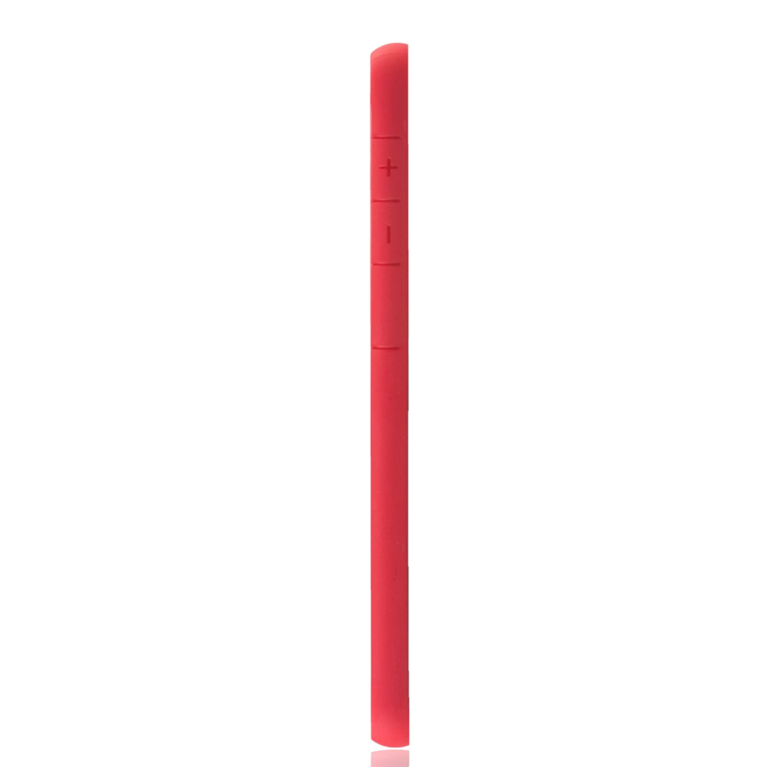 Rote Handyhülle Seitenansicht, weißer Hintergrund. Lautstärketasten.