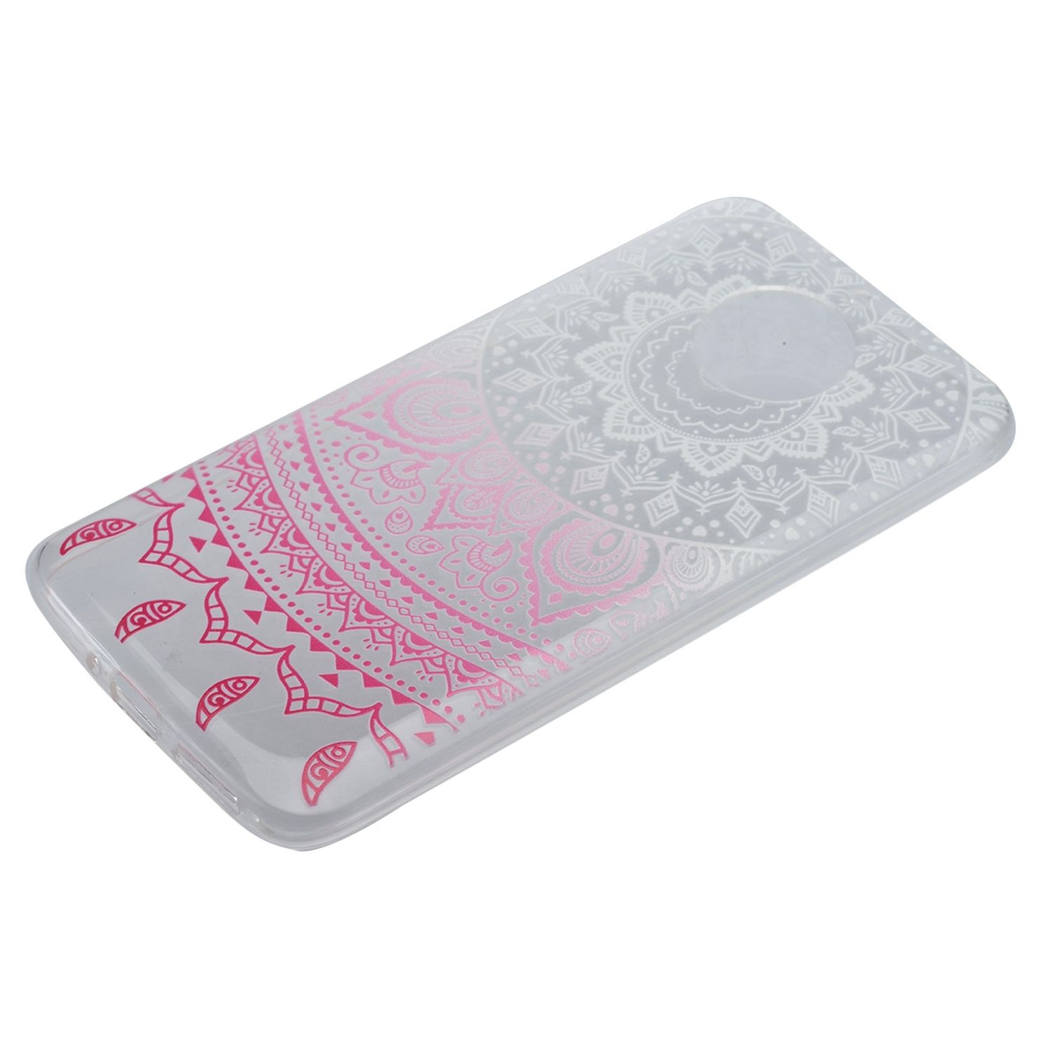 Transparente Handyhülle mit rosa und weißem Mandala-Design.