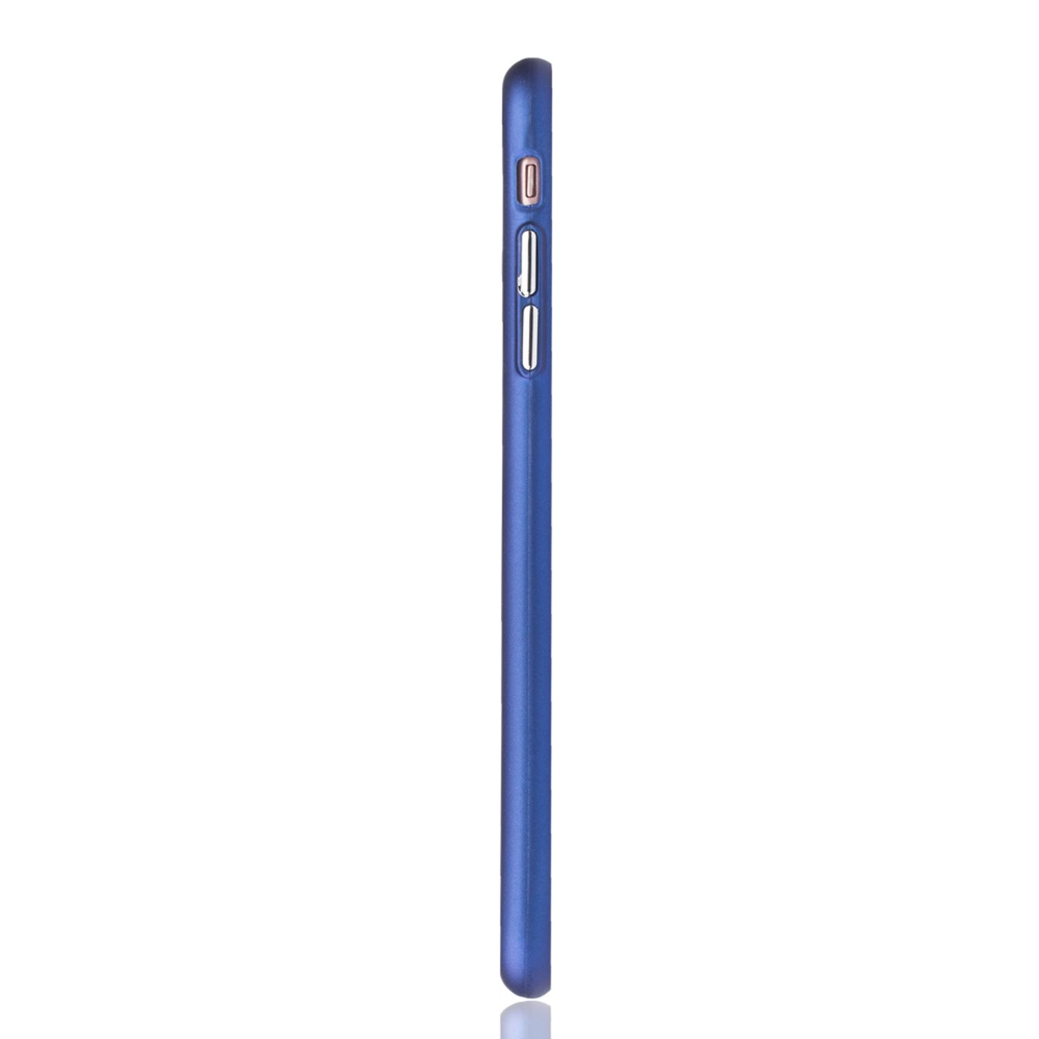 Seitenansicht eines blauen Smartphones, die die Tasten zeigt. Der Bildschirm ist nicht sichtbar.