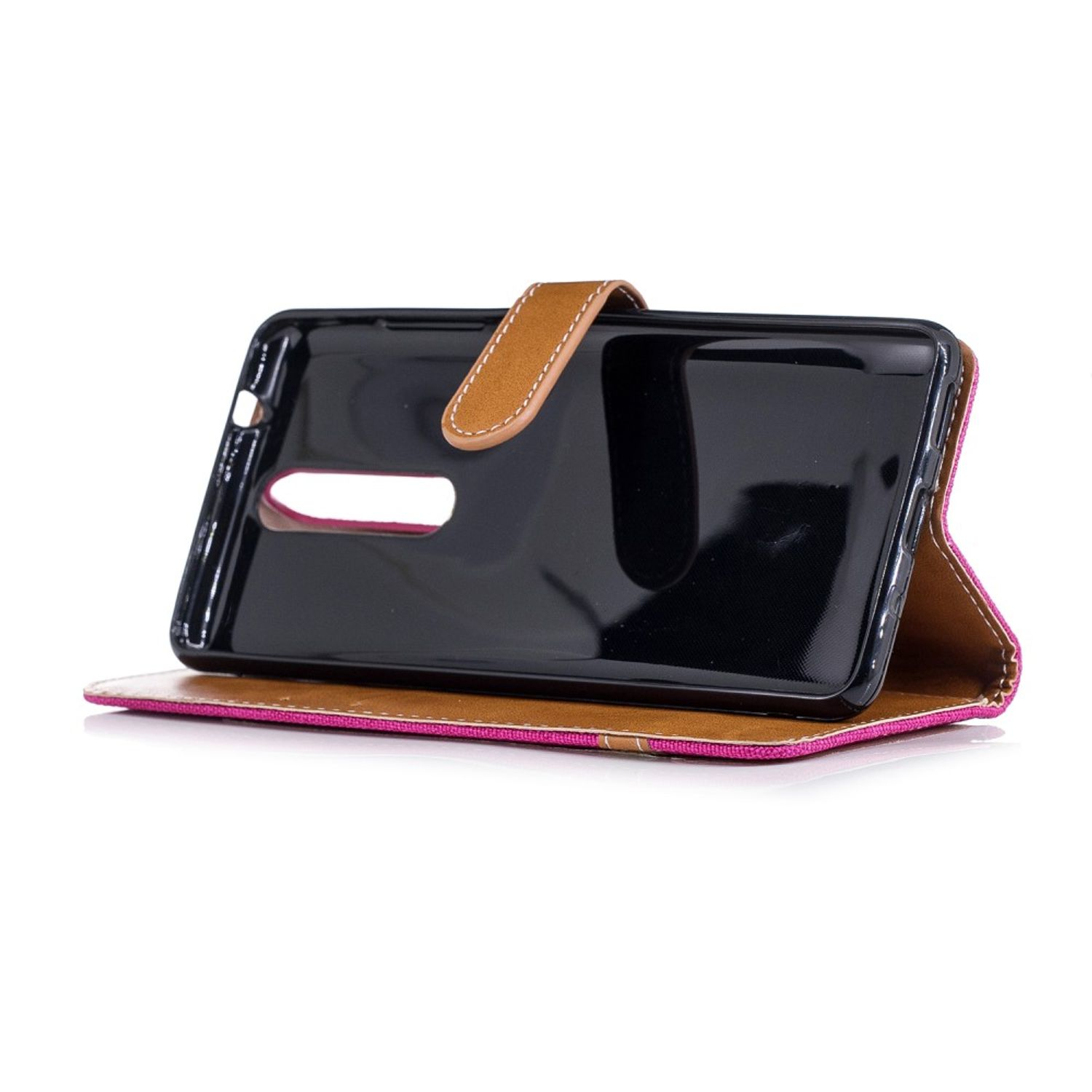 Geöffnete Handyhülle mit einem Telefon darin. Sie ist braun und rosa mit einem Magnetverschluss.
