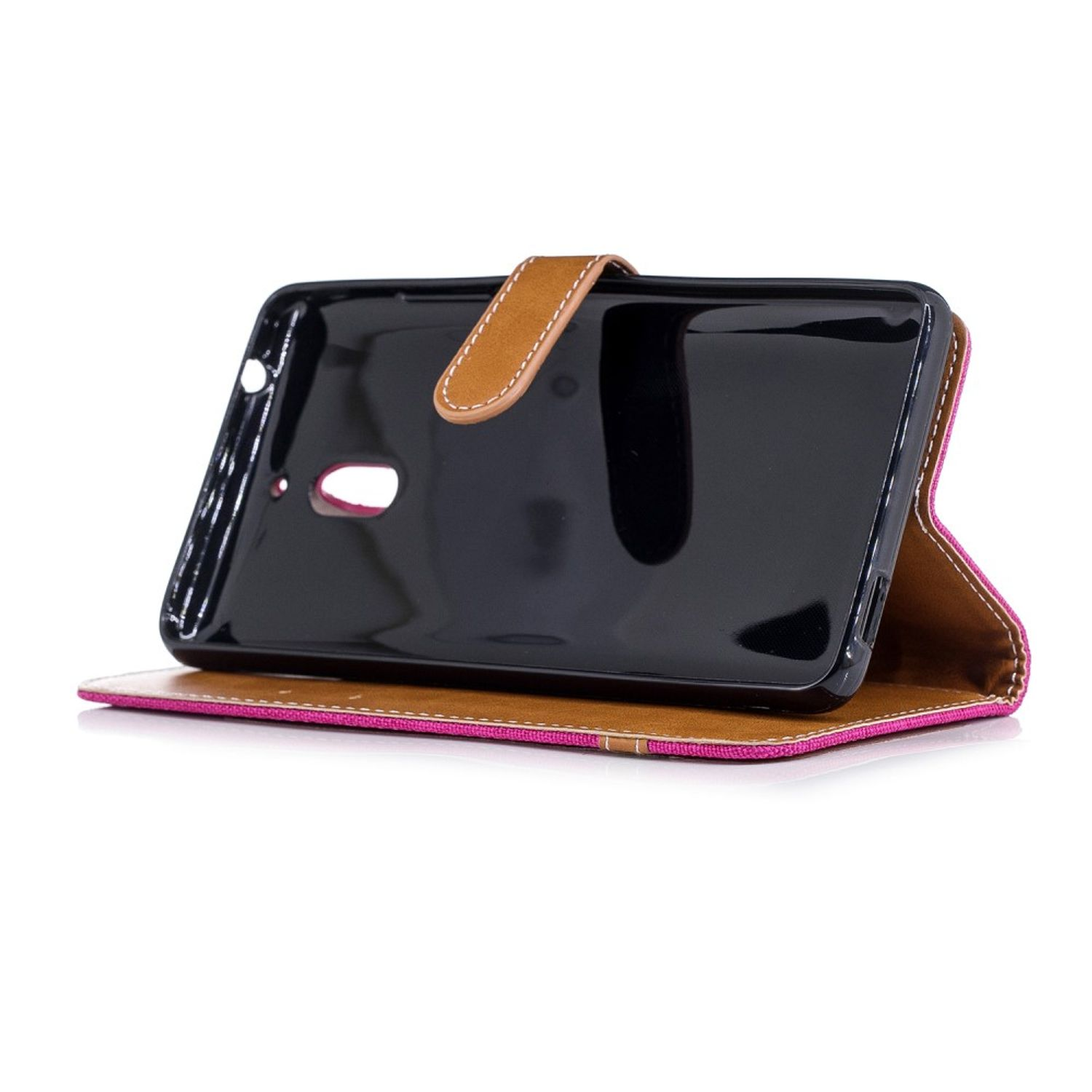 Schwarzes Telefon in einer braunen und rosa Hülle. Ein brauner Riemen sichert die Hülle.