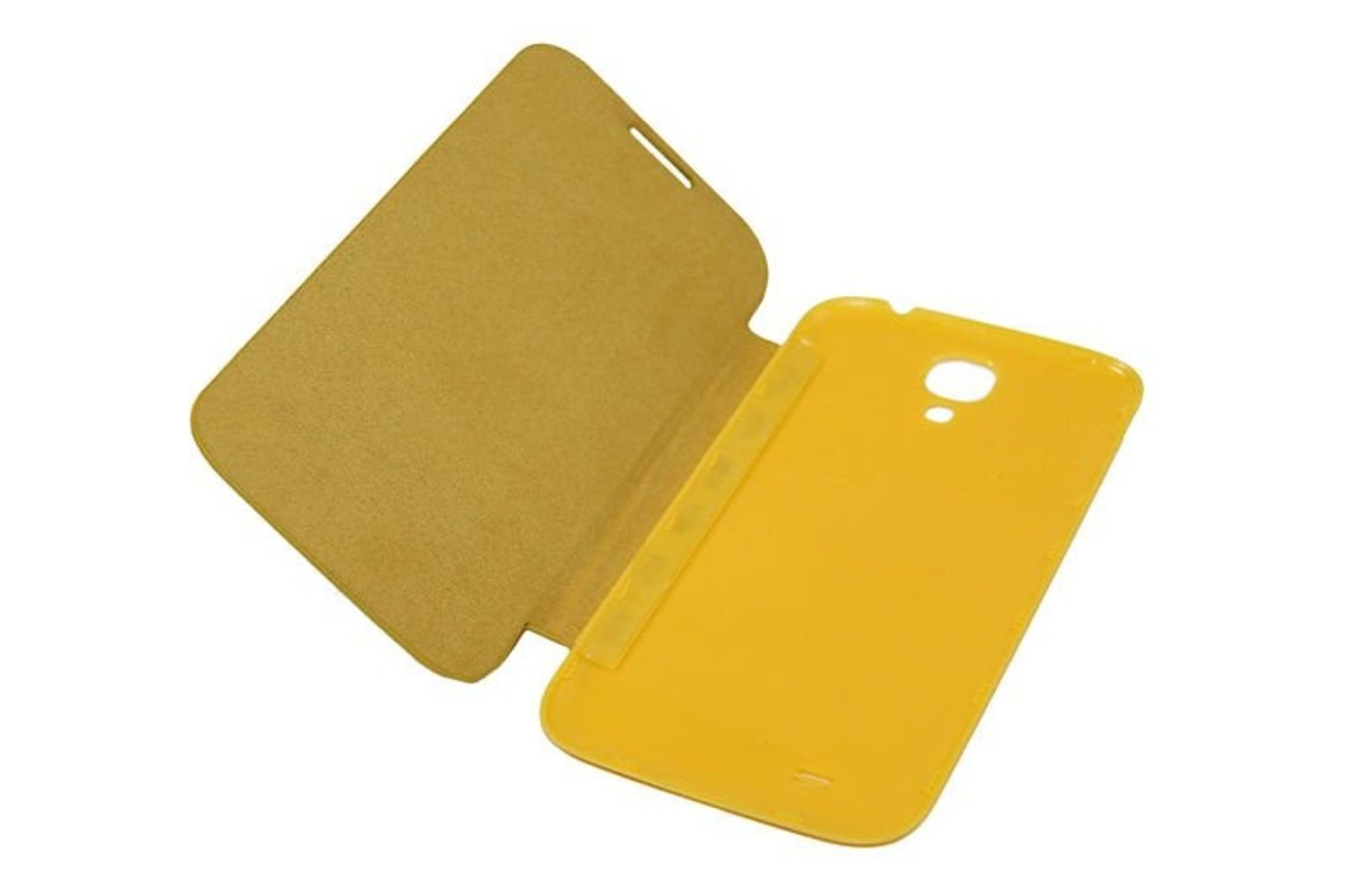 Gelbe Handyhülle mit Klappdeckel. Geöffnet, um das Telefon zu zeigen.
