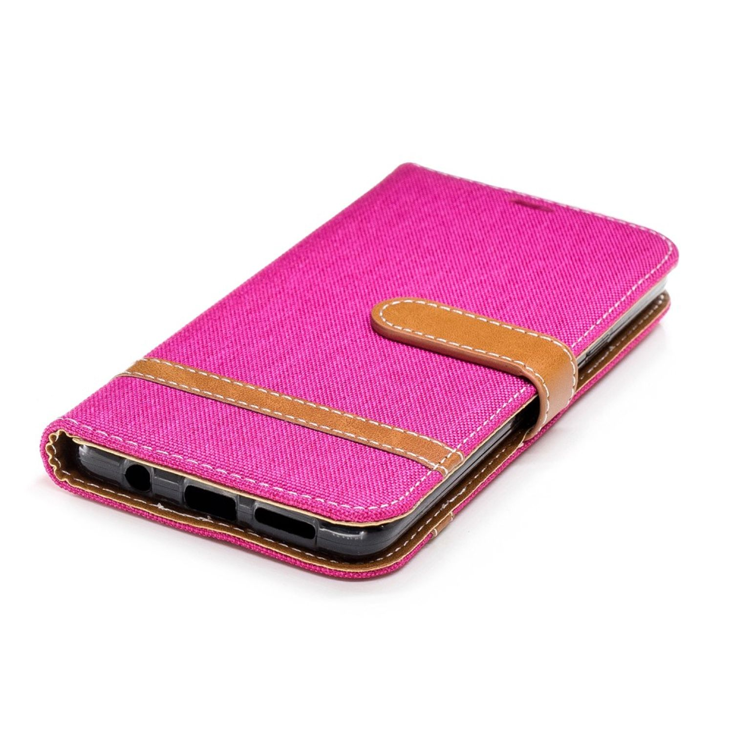 Eine pinkfarbene Handyhülle mit braunem Riemen und Telefon auf weißem Hintergrund.