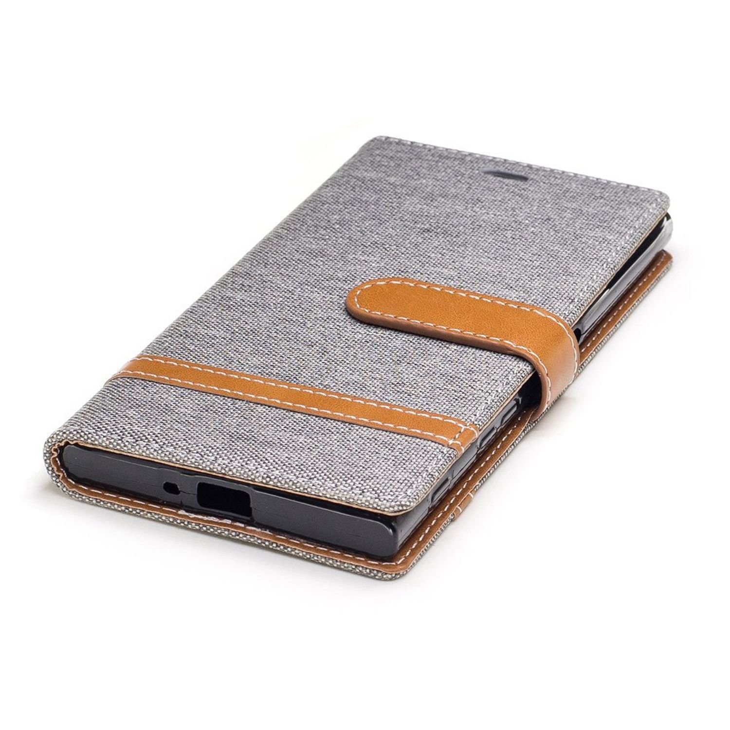 Graue Handyhülle mit braunem Riemen. Das Telefon befindet sich in der Hülle.