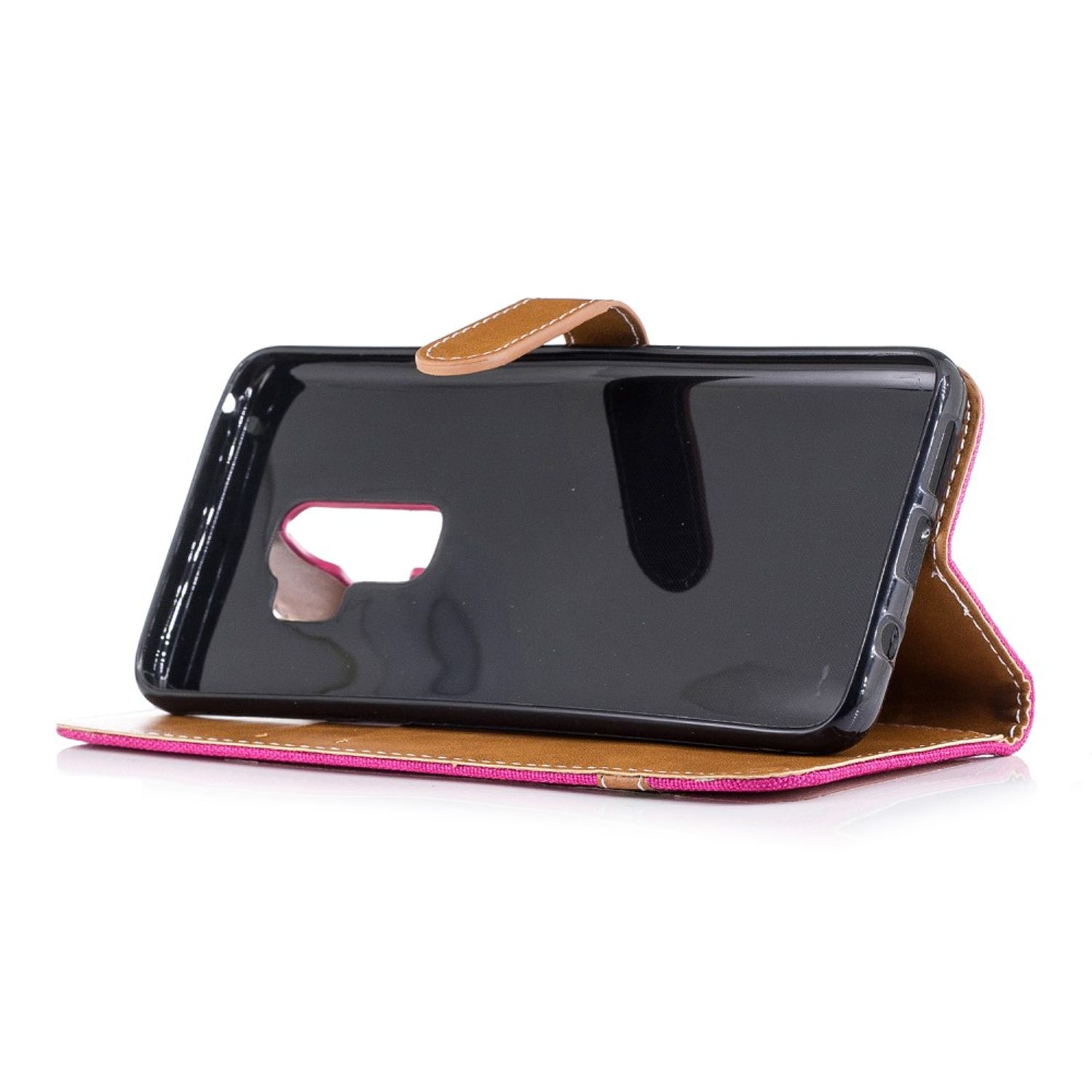 Eine Handyhülle mit brauner Außenseite und rosa Innenseite, geöffnet, mit dem Telefon darin.