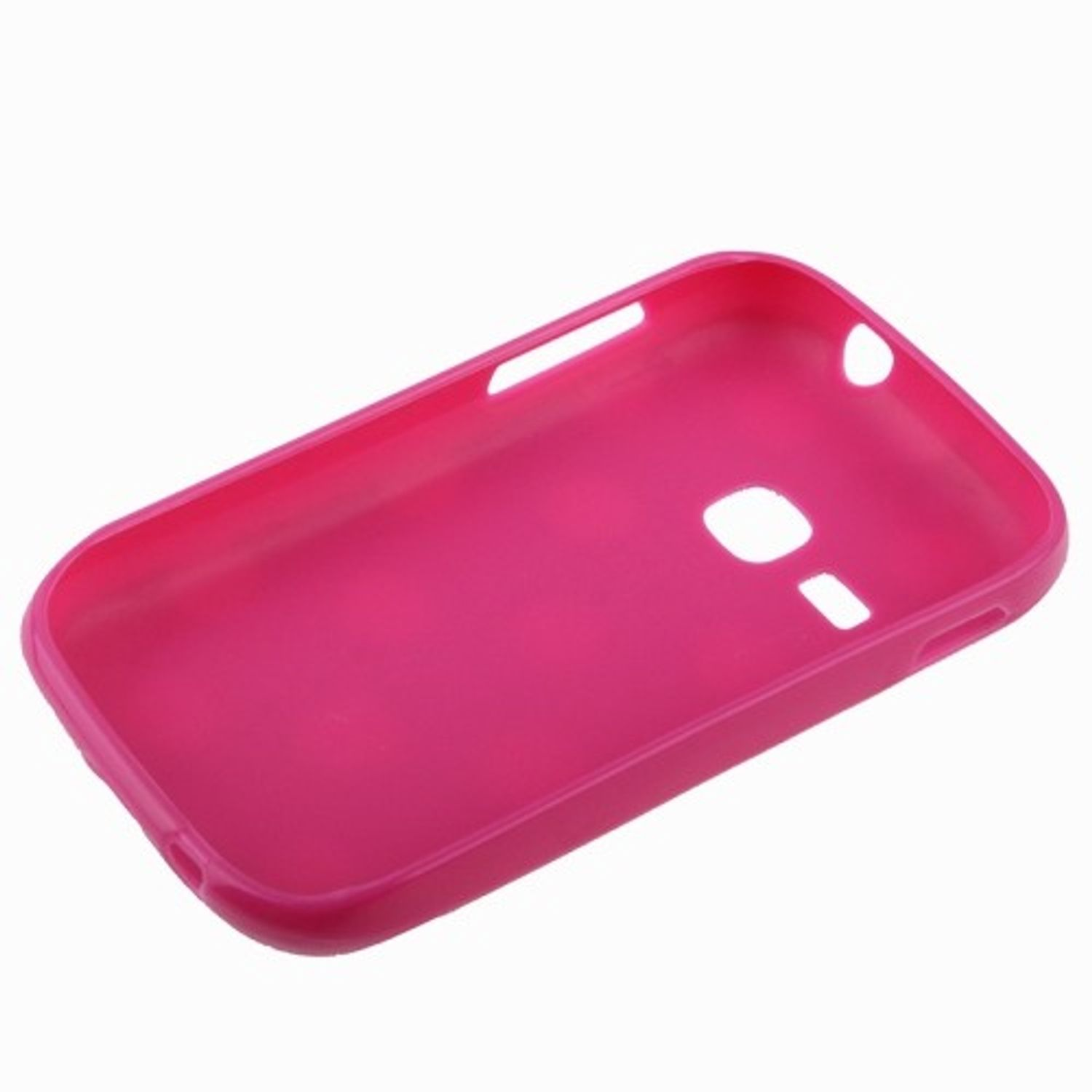 Eine pinkfarbene Handyhülle auf weißem Hintergrund. Die Hülle ist leer.