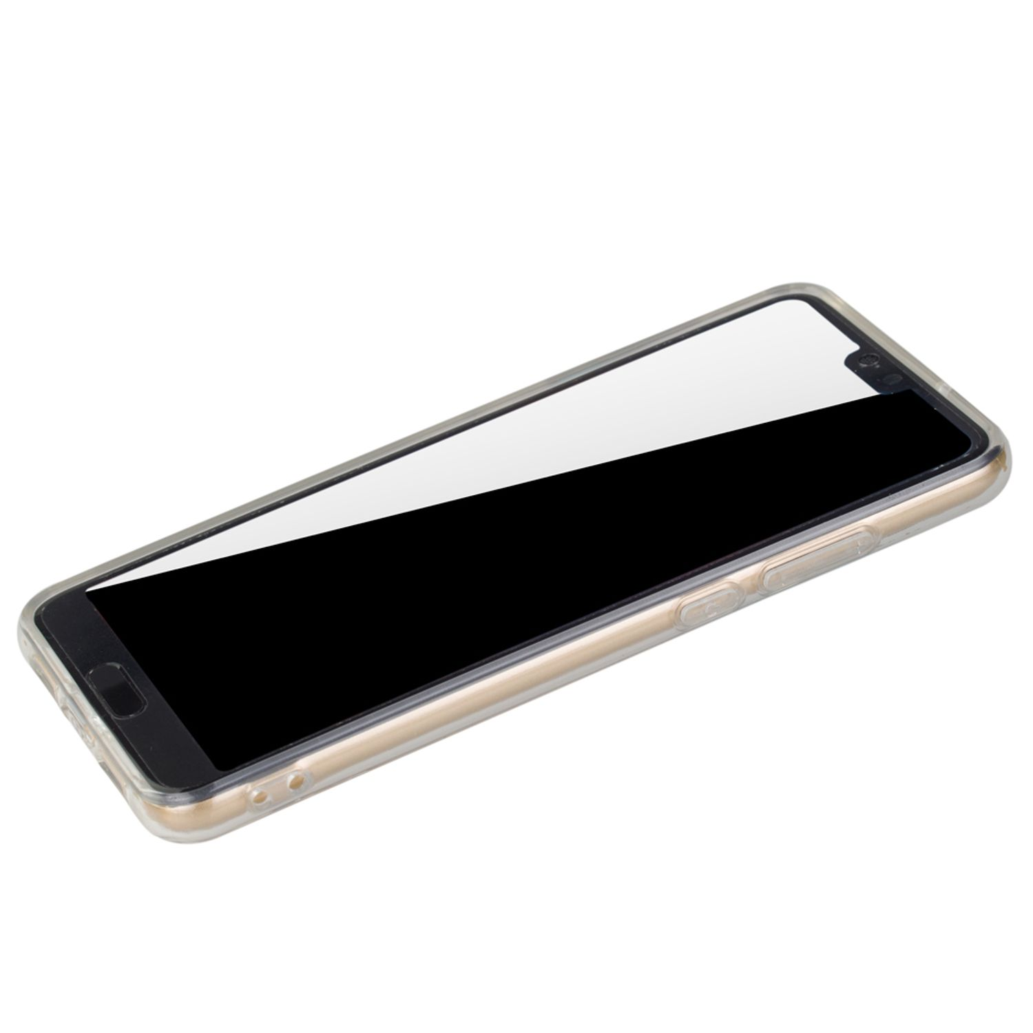 Telefon mit Displayschutz, transparente Hülle, goldener Rahmen, schräge Ansicht, weiß.