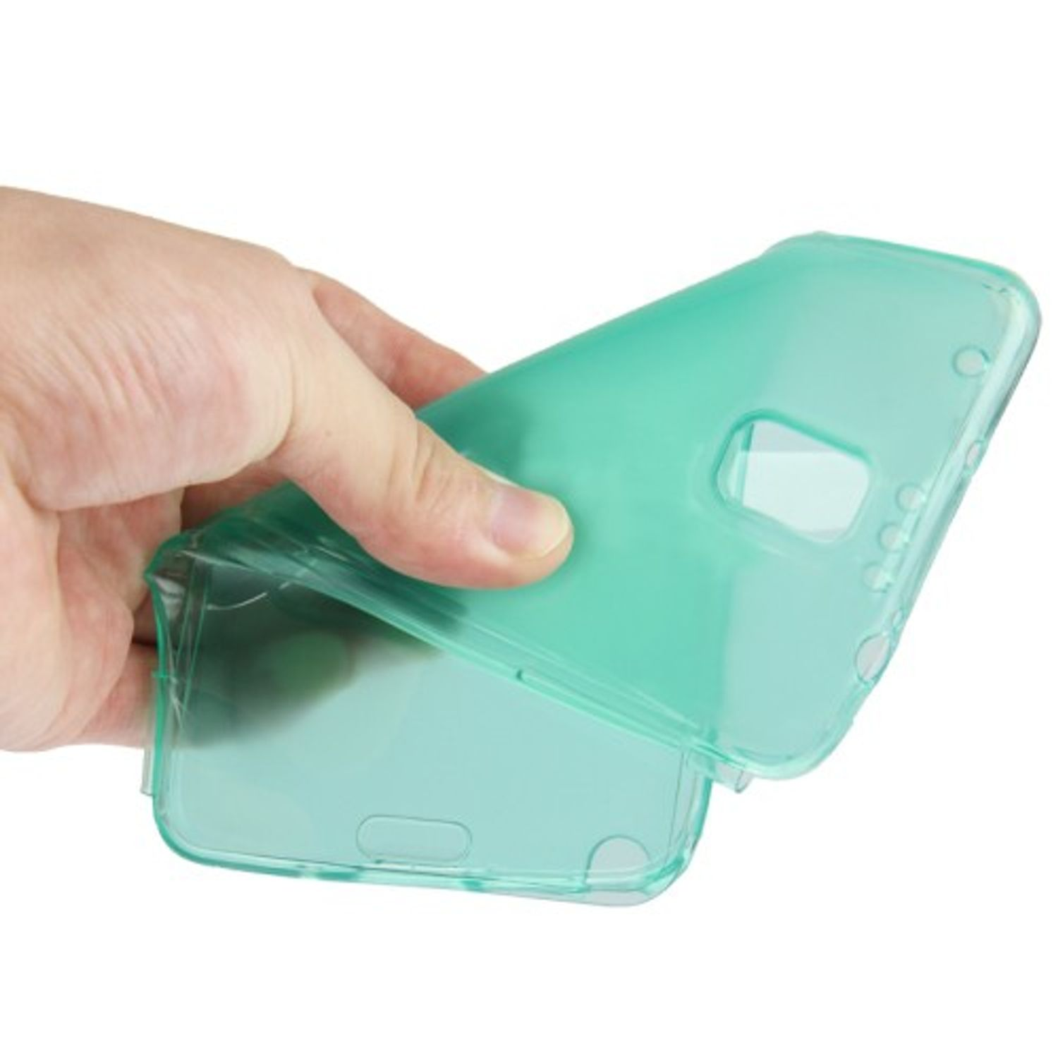 Hand hält transparente grüne Handyhülle, eine Hälfte offen, auf weißem Hintergrund.