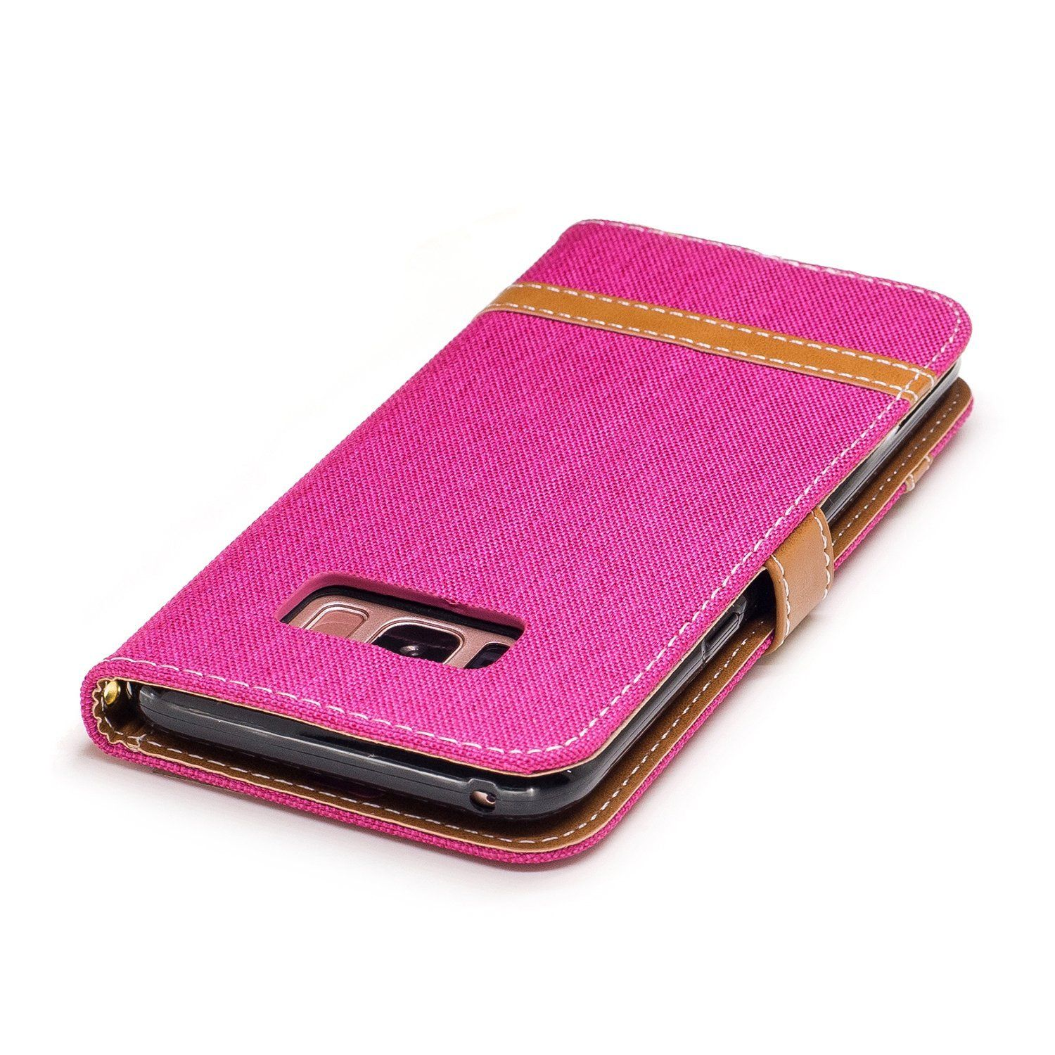 Rosa Handyhülle mit braunem Streifen und einem Telefon darin.