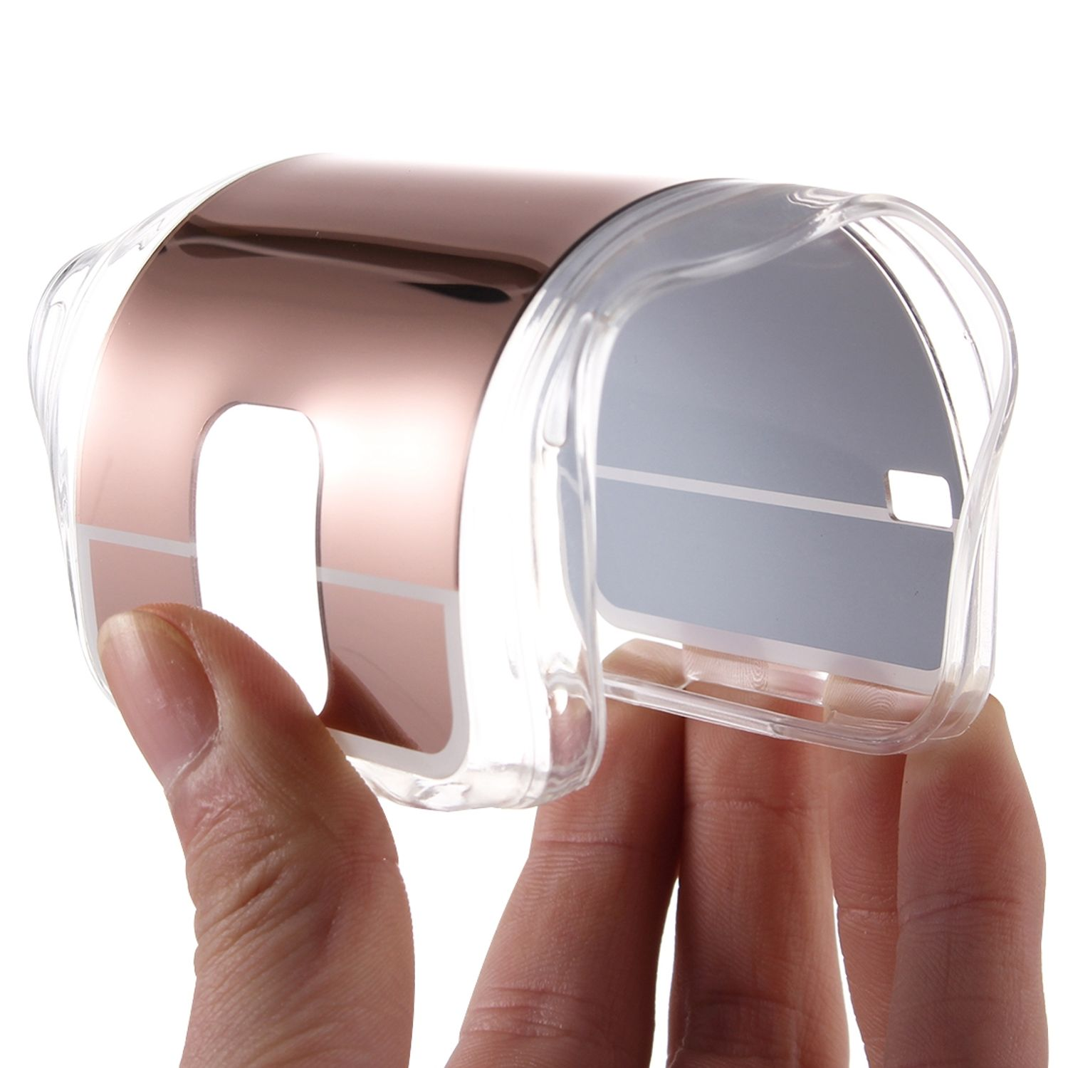 Hand hält eine transparente Handyhülle mit roségoldenem Einsatz. Die Hülle ist gebogen.