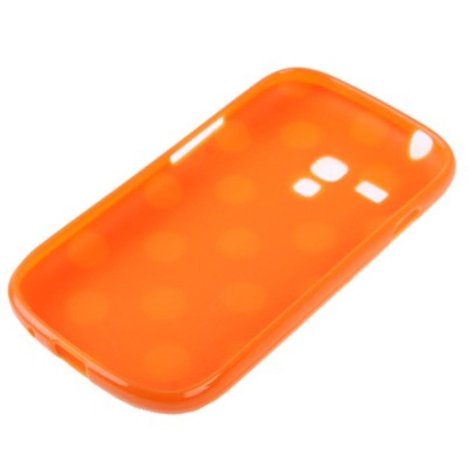 Orangefarbene Handyhülle mit glänzendem Finish. Sie hat eine abgerundete Form mit Aussparungen.