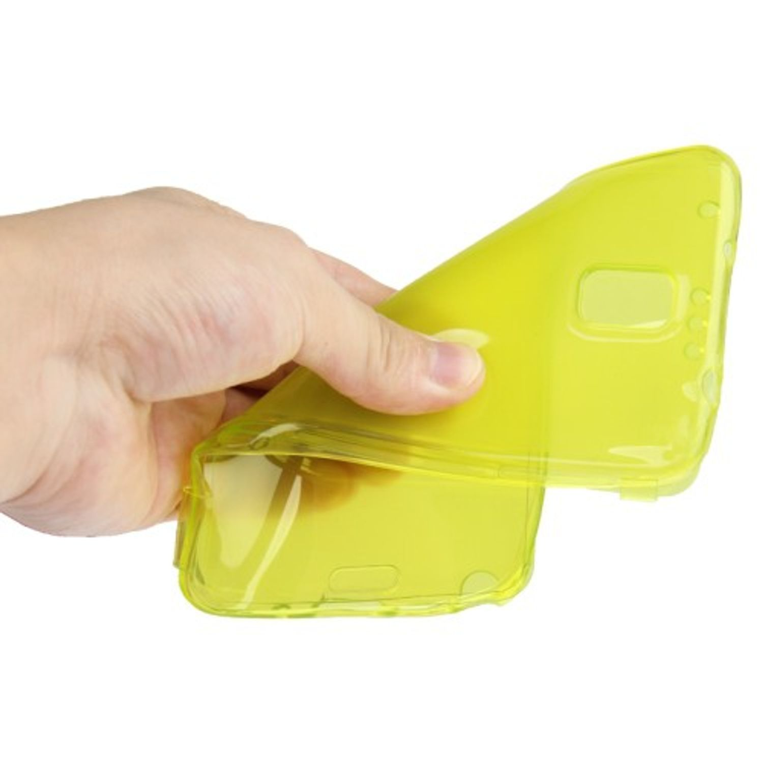 Hand hält eine gelbe, transparente Handyhülle. Die Hülle ist geöffnet.