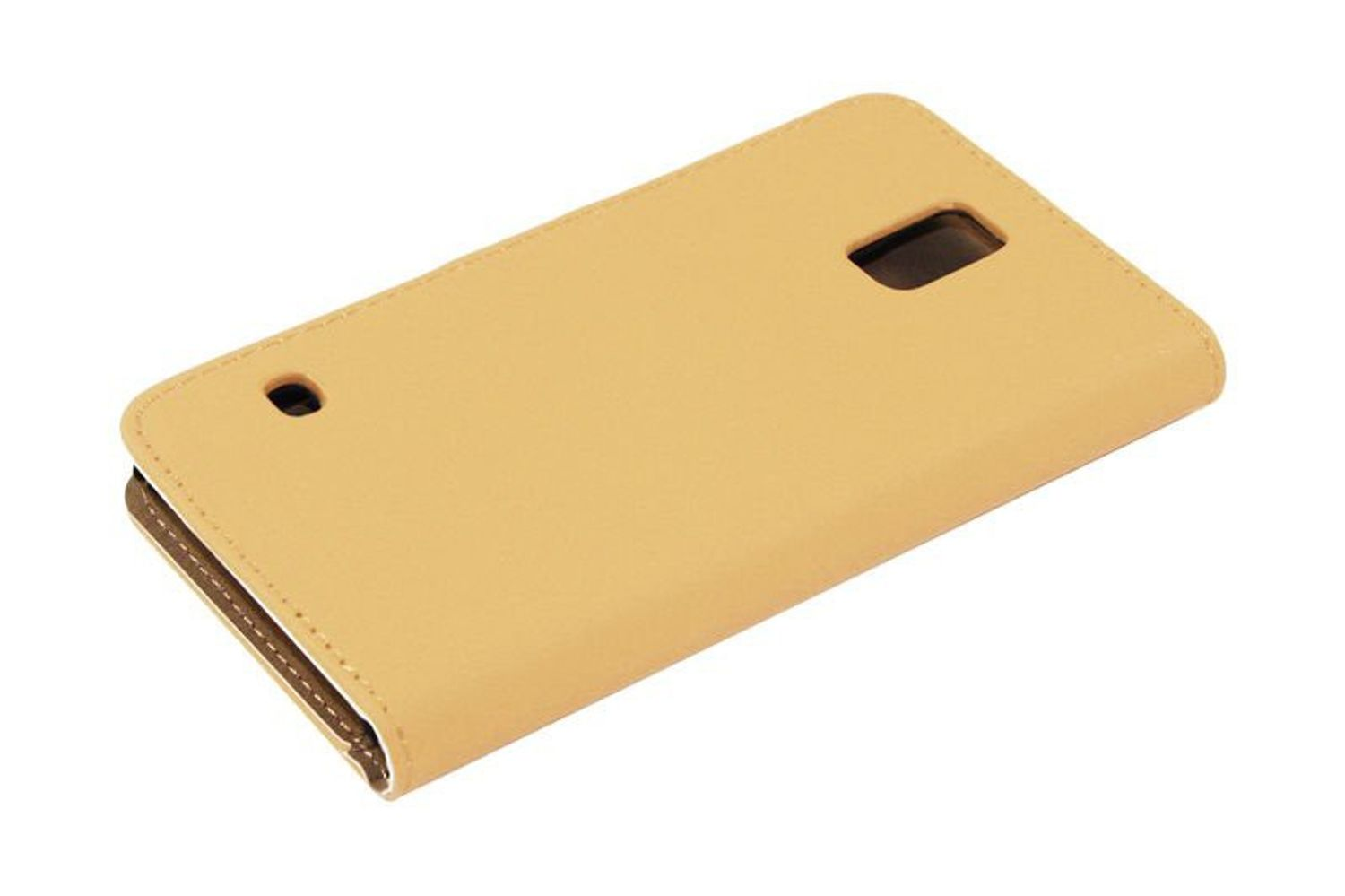 Eine hellbraune Handyhülle. Sie ist geschlossen und hat ein dunkelbraunes Innere, das Telefon ist nicht sichtbar.
