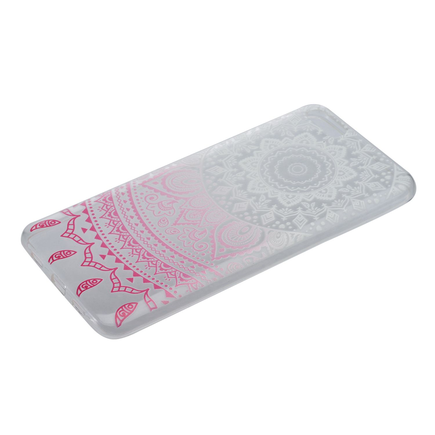 Transparente Handyhülle mit einem rosa-weißen Mandala-Design. Das Design ist auf der Rückseite.