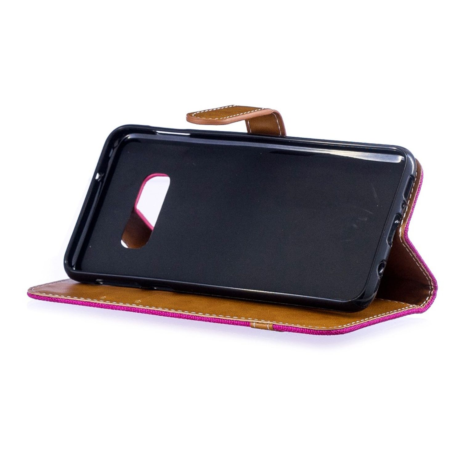 Ein Telefon in einer Hülle. Die Hülle ist offen und zeigt das Telefon und das Innendesign.