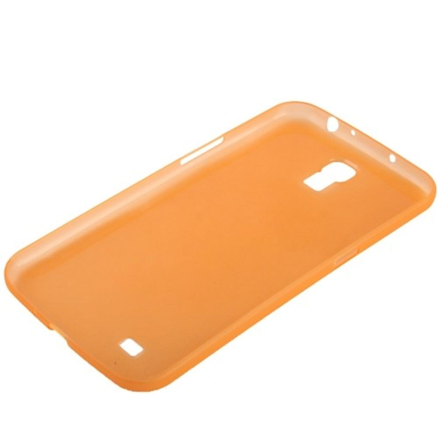 Eine orangefarbene Handyhülle, schräge Ansicht, mit Aussparungen für Kamera und Anschlüsse.