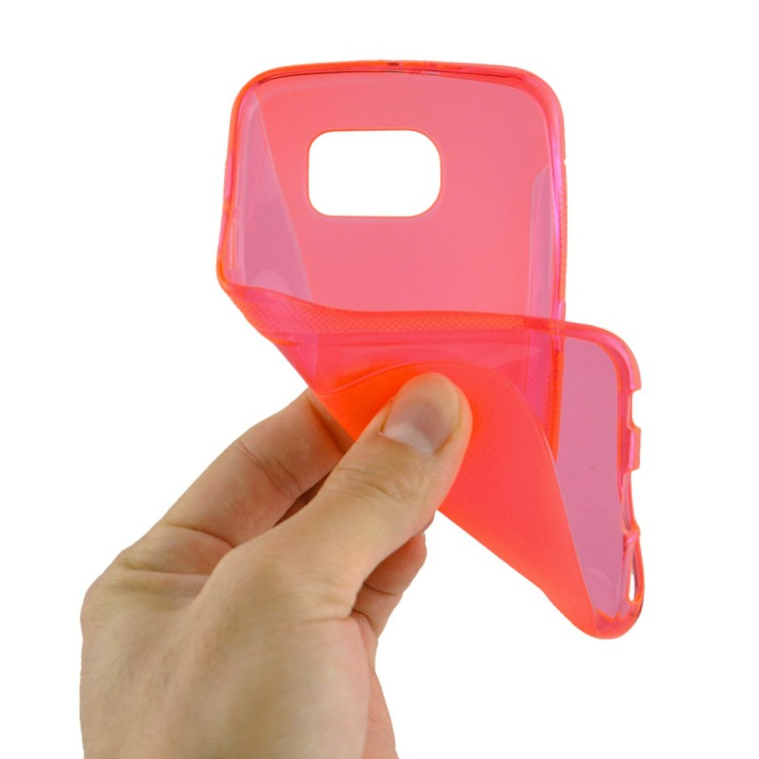 Eine Hand hält eine neonrosa Handyhülle vor weißem Hintergrund.