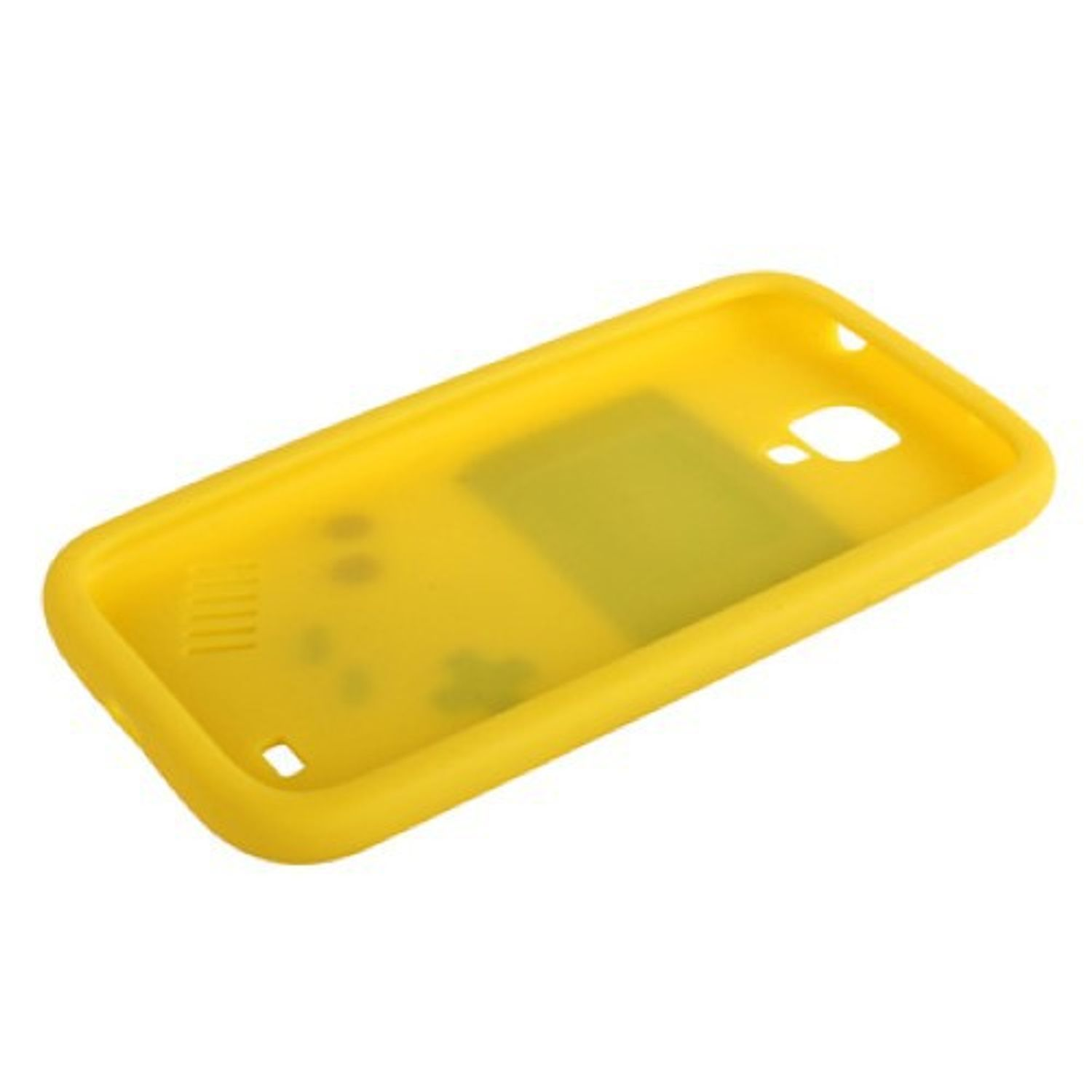 Gelbe Handyhülle, geformt wie eine Spielkonsole, auf weißem Hintergrund.