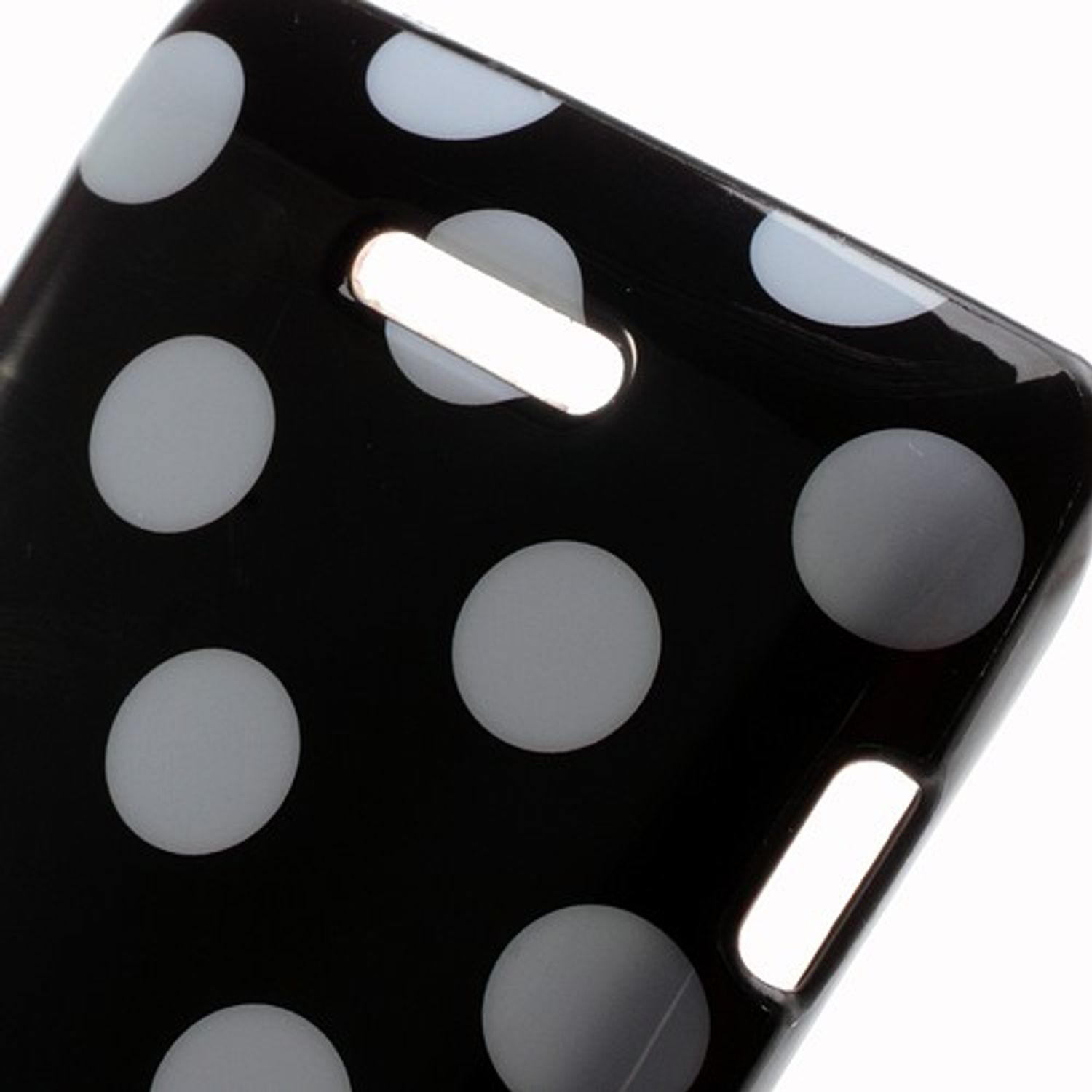 Schwarze Handyhülle mit weißen Polka Dots. Weißer Hintergrund. Nahaufnahme.