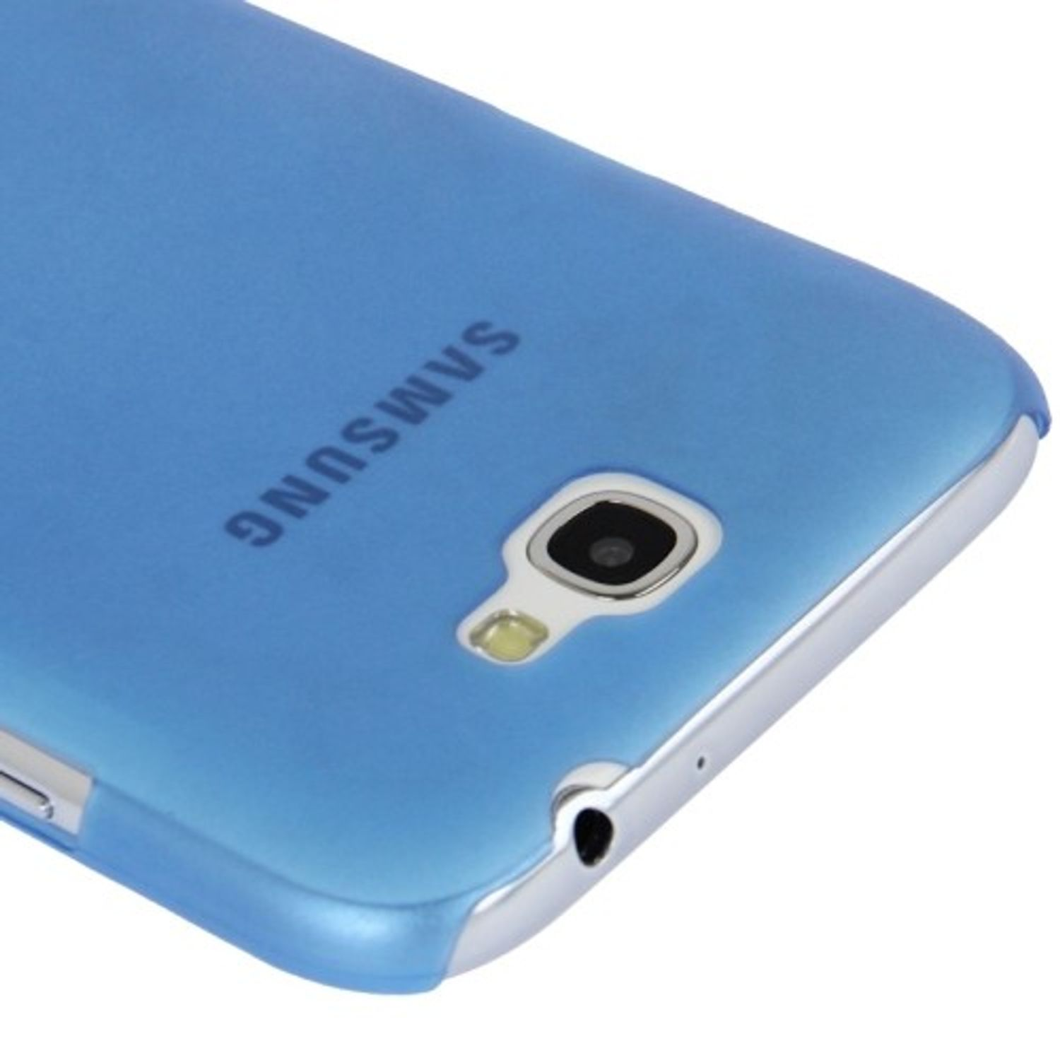 Blaue Handyhülle mit Kamera und Samsung Logo. Nahaufnahme der Rückseite des Telefons.