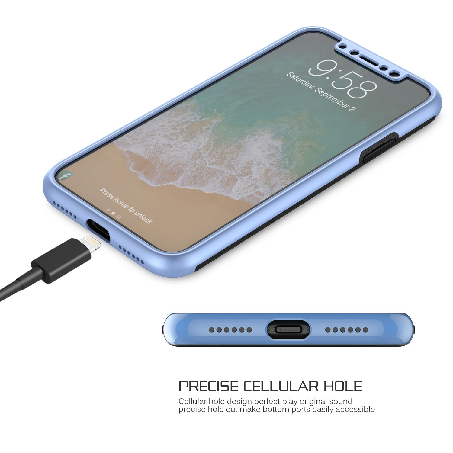 Blaue Handyhülle auf weißem Tisch, mit Kabel. Telefon zeigt Uhrzeit und eine Strandszene.