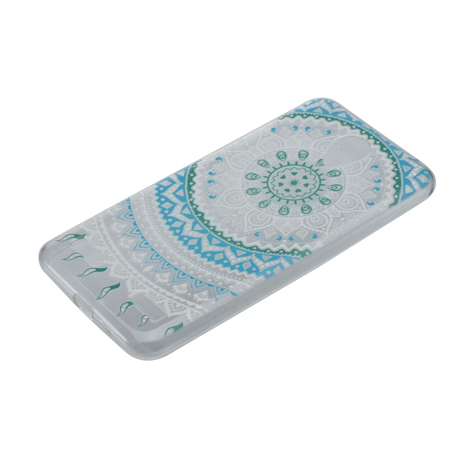 Eine Handyhülle mit einem Mandala-Design in Blau und Weiß auf grauem Hintergrund.