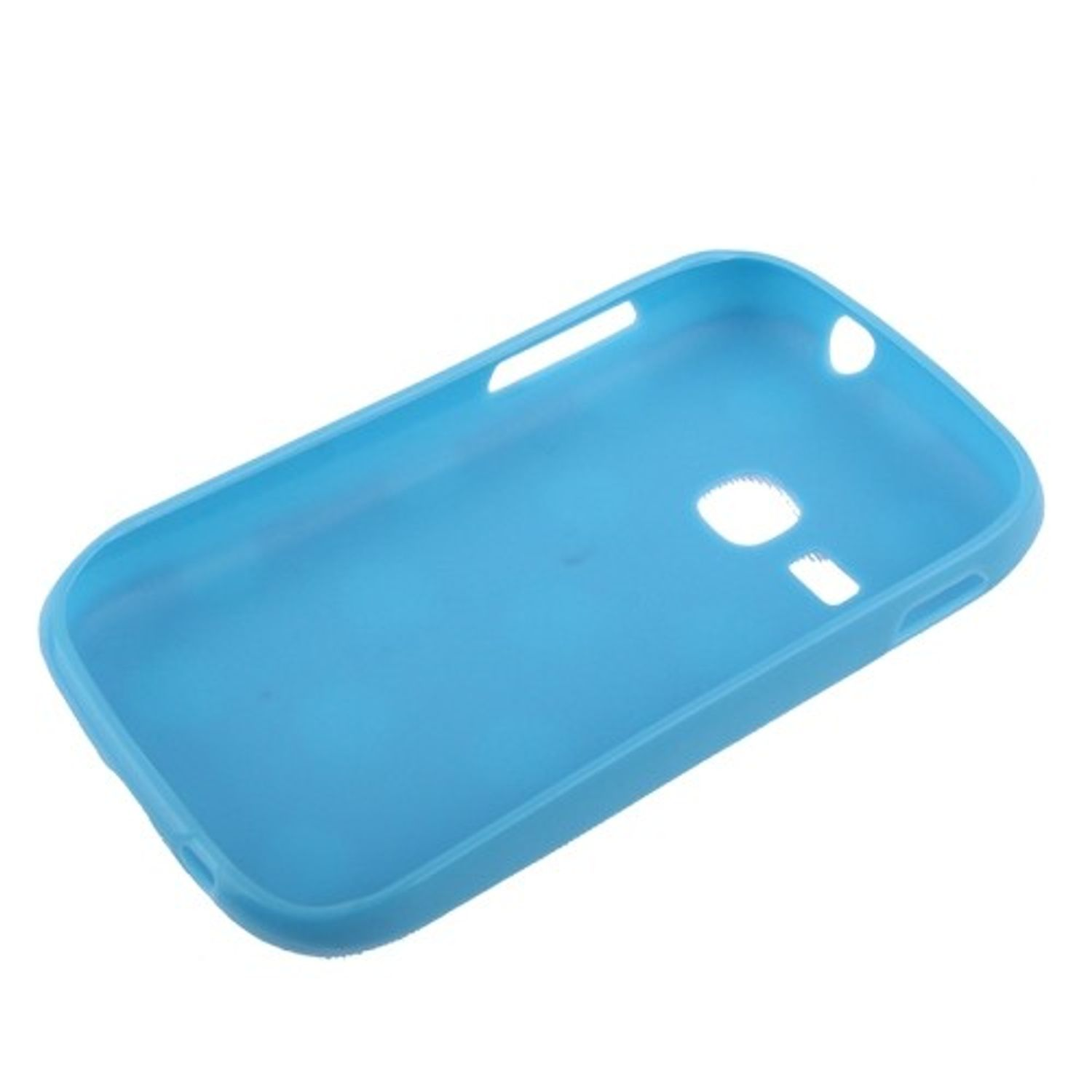 Blaue Handyhülle auf weißer Oberfläche, mit einfachem Design.