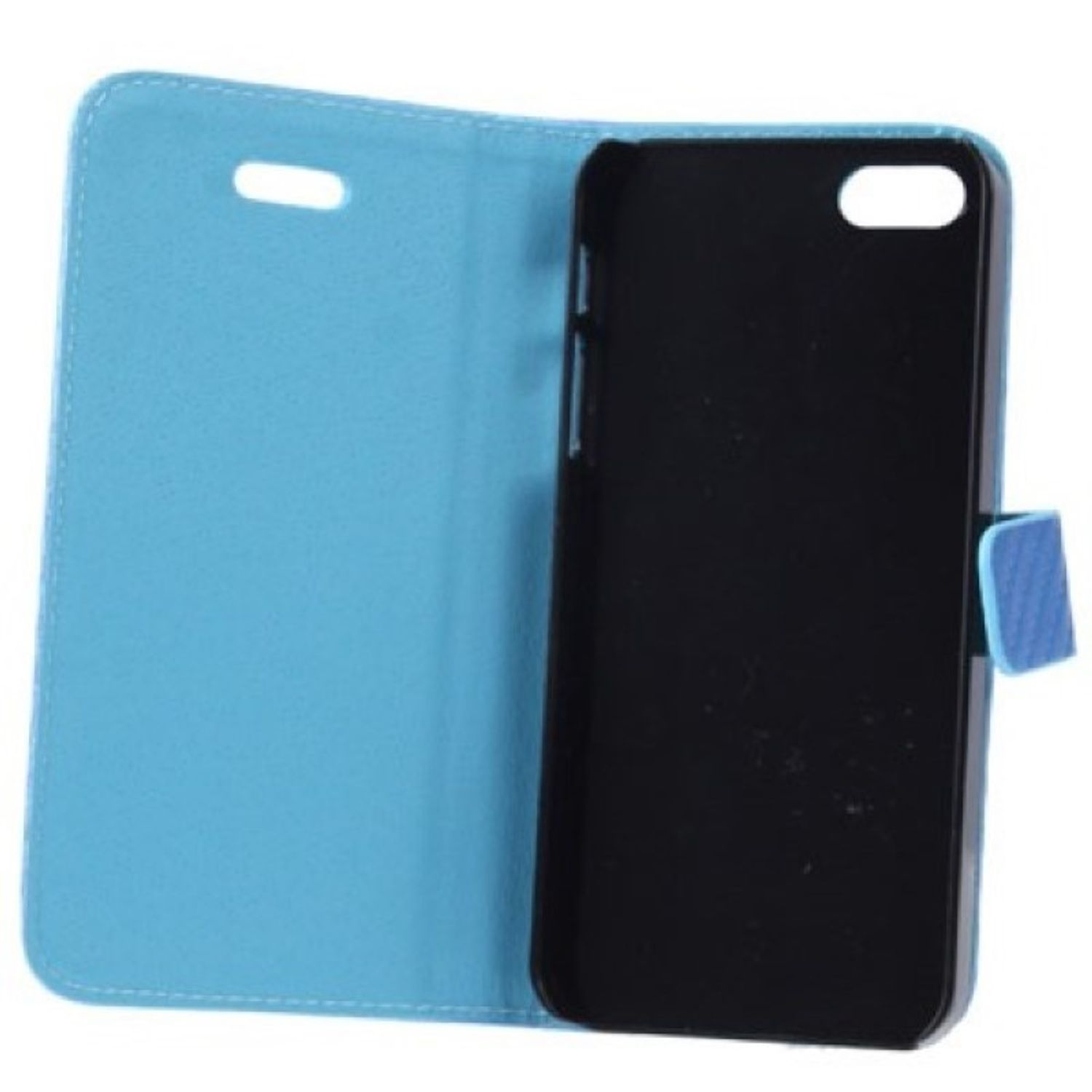 Offene blaue Handyhülle mit schwarzem Telefon und blauem Innenraum auf weißem Grund.
