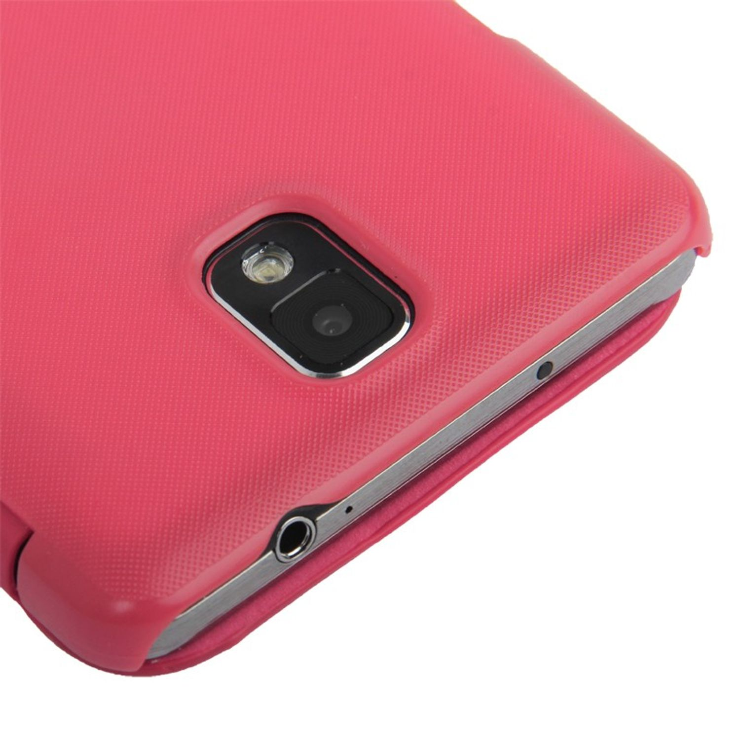 Nahaufnahme einer rosa Handyhülle um ein Telefon. Kamera und Anschluss sichtbar.