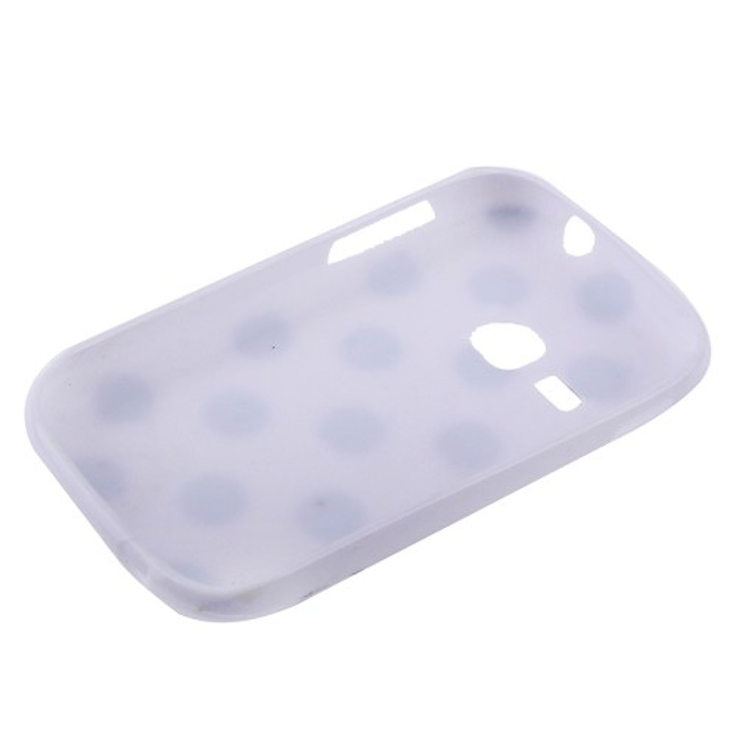 Weißes Handycase mit blauen Punkten. Schräge Ansicht.