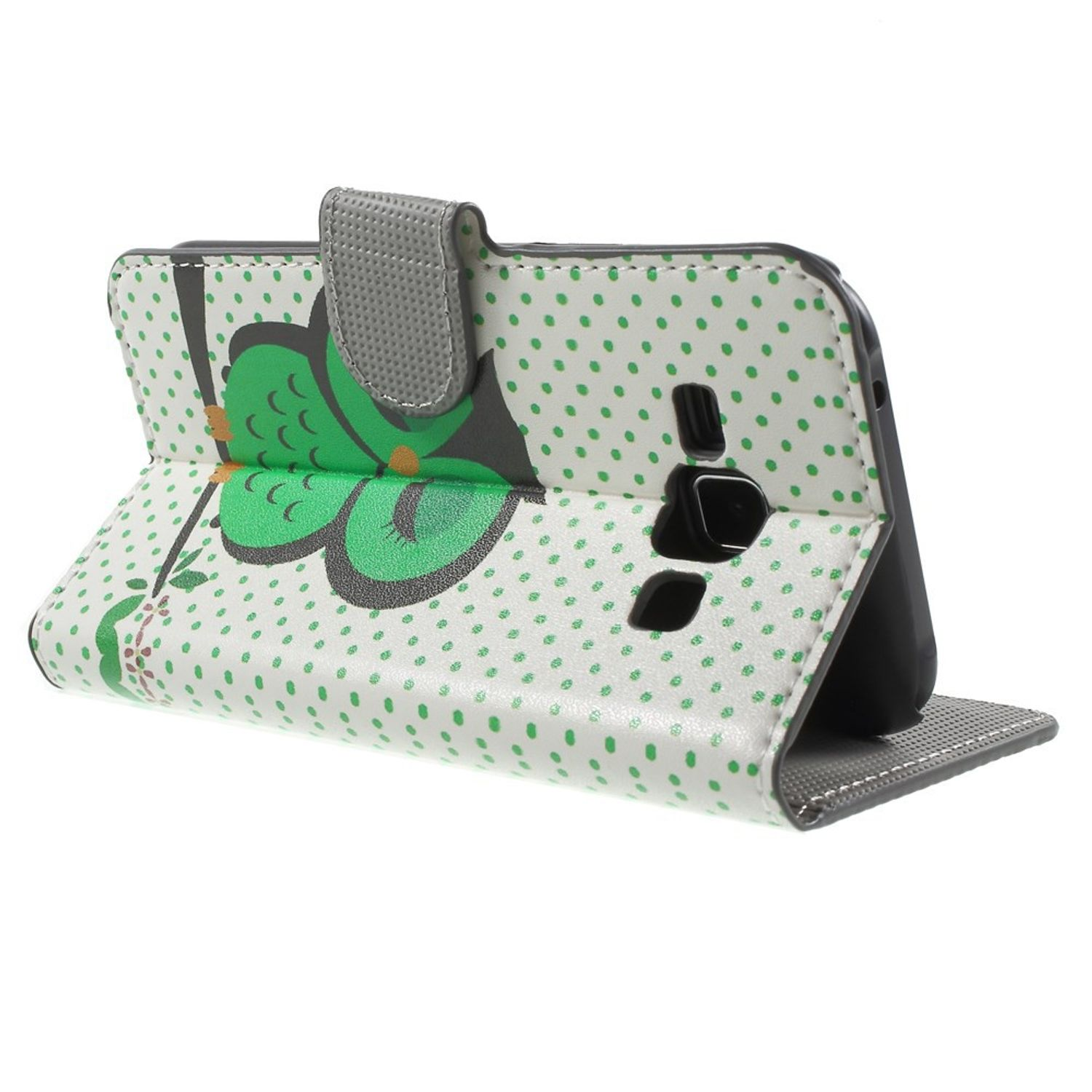 Weißes Handycase mit grünen Punkten und einem grünen Vogeldesign.