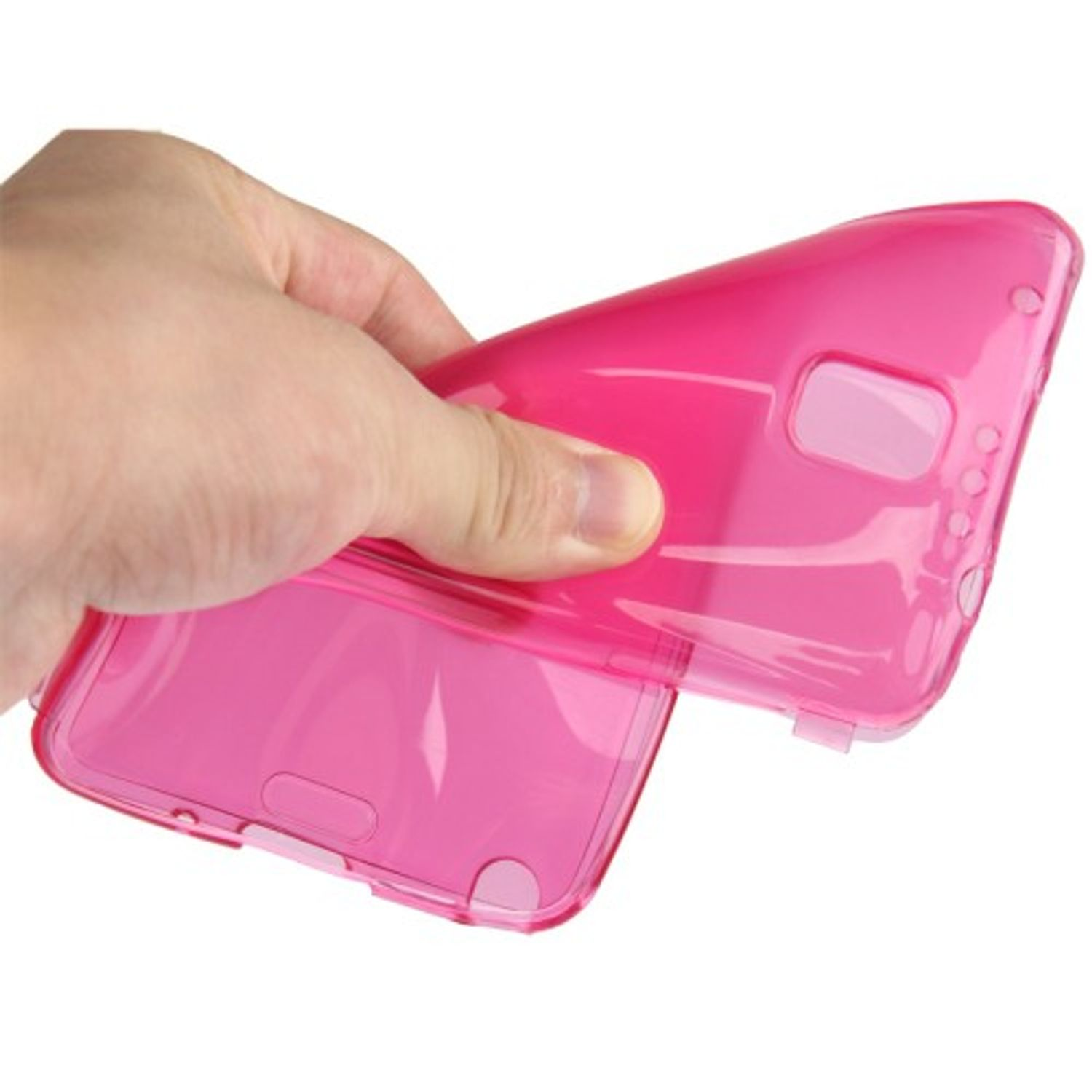 Eine Hand, die eine rosa Handyhülle hält, weißer Hintergrund.