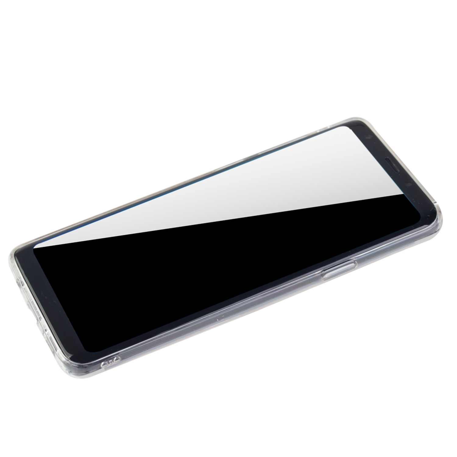 Eine transparente Handyhülle auf weißem Hintergrund. Die Hülle ist leicht angewinkelt und zeigt ein Handy darin.