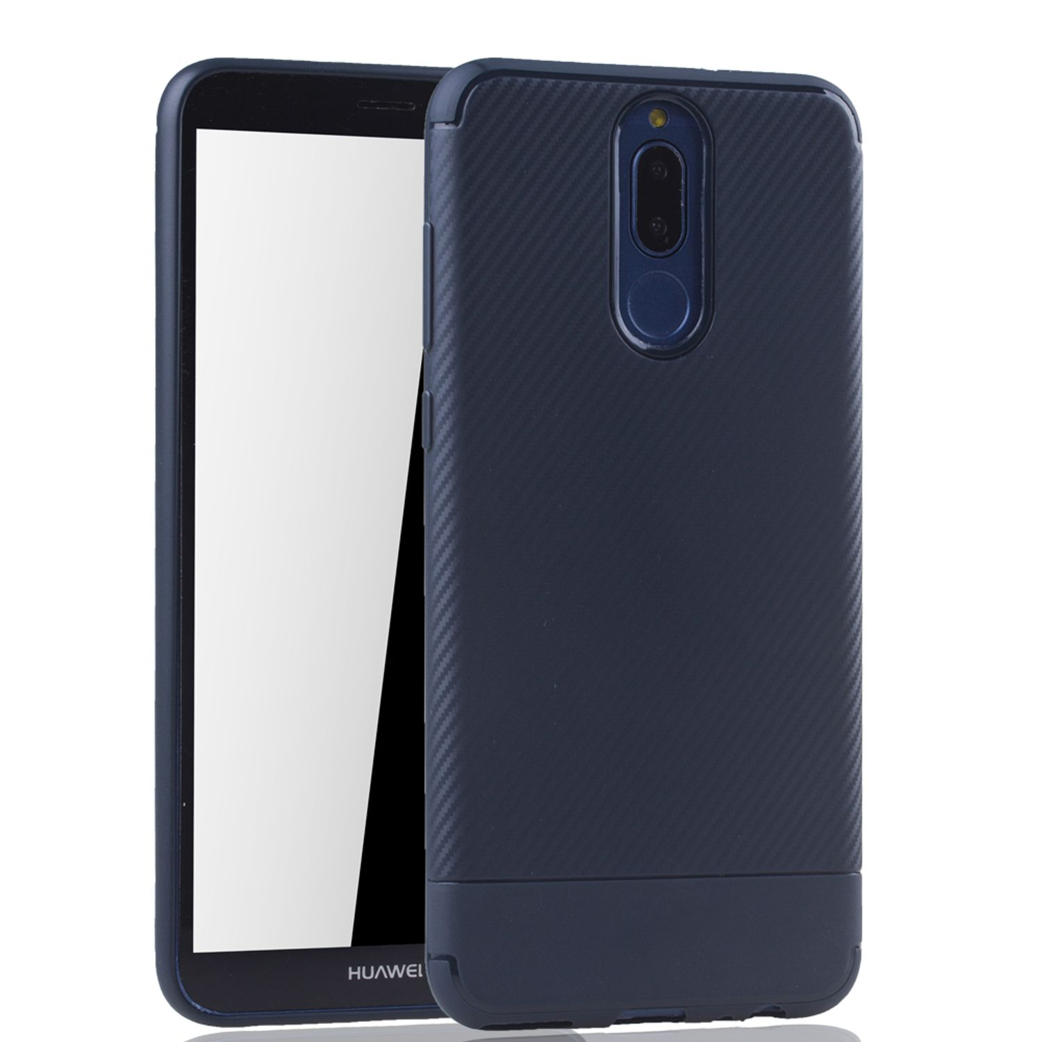 Blaue Handyhülle mit Telefon. Das Telefon hat einen weißen Bildschirm. Huawei steht unten.