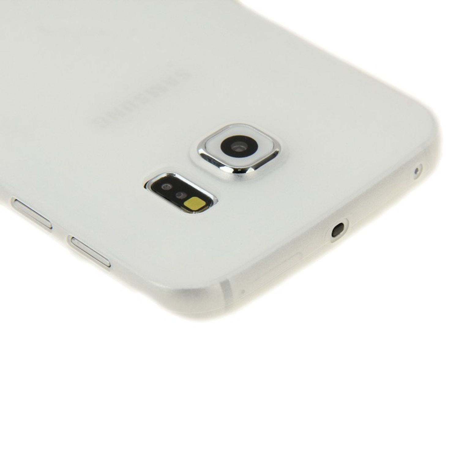 Weiße Telefonrückseite mit Kamera- und Anschlussdetails. Das Samsung-Logo ist kaum sichtbar.