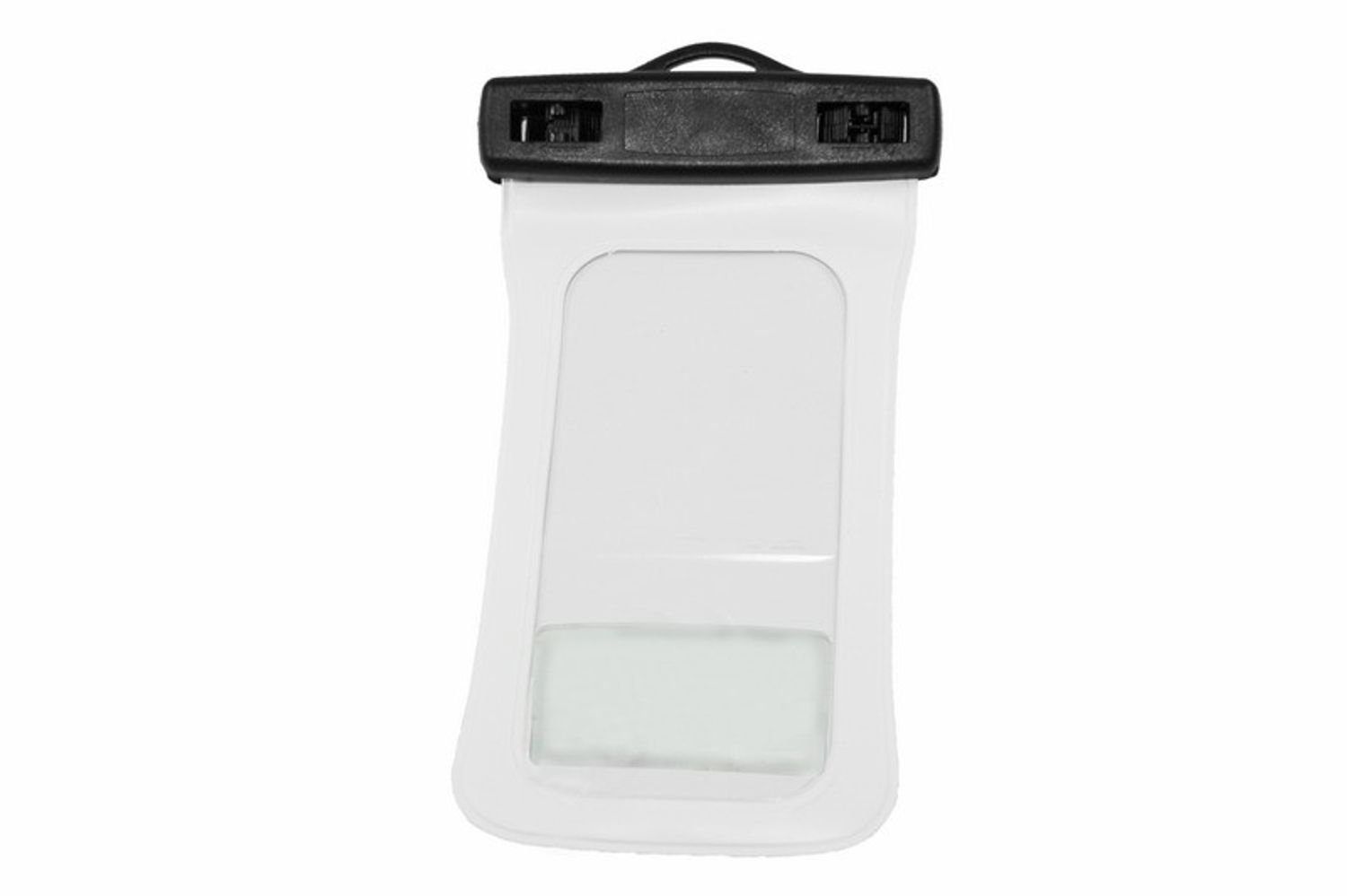Eine transparente, weiße, wasserdichte Handyhülle mit schwarzem Verschluss, isoliert auf Weiß.