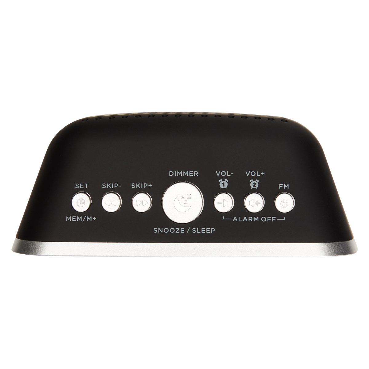 Czarny budzik z różnymi przyciskami. Wyświetlacz pokazuje godzinę.