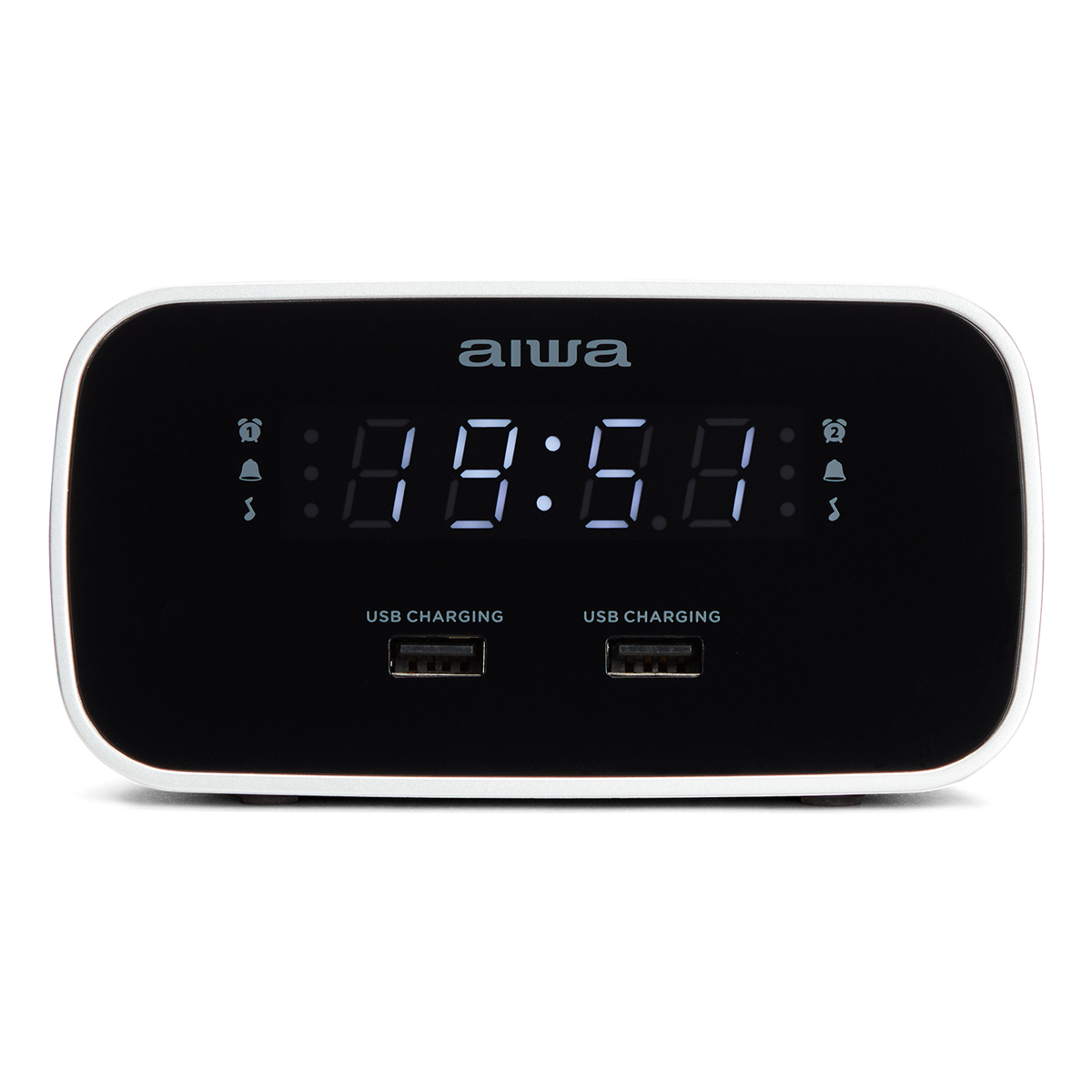 Czarno-białe radiobudzik aiwa z wyświetlaczem czasu i portami ładowania USB. Białe tło.
