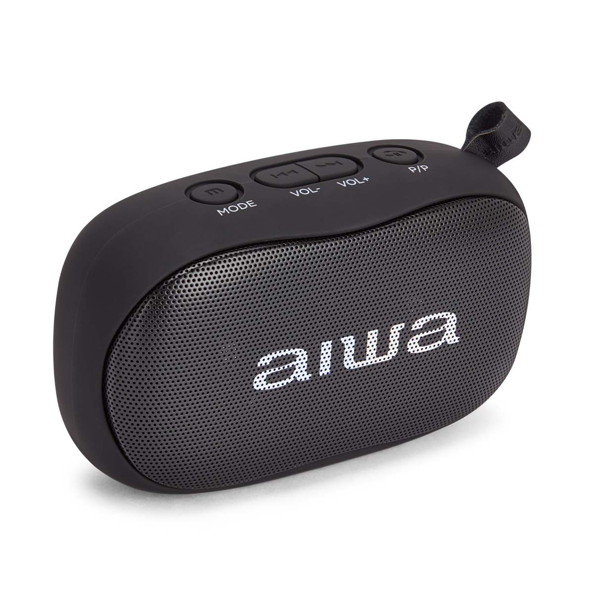 Ein schwarzer tragbarer AIWA-Lautsprecher mit Mesh-Front und Bedientasten. Der Markenname ist sichtbar.