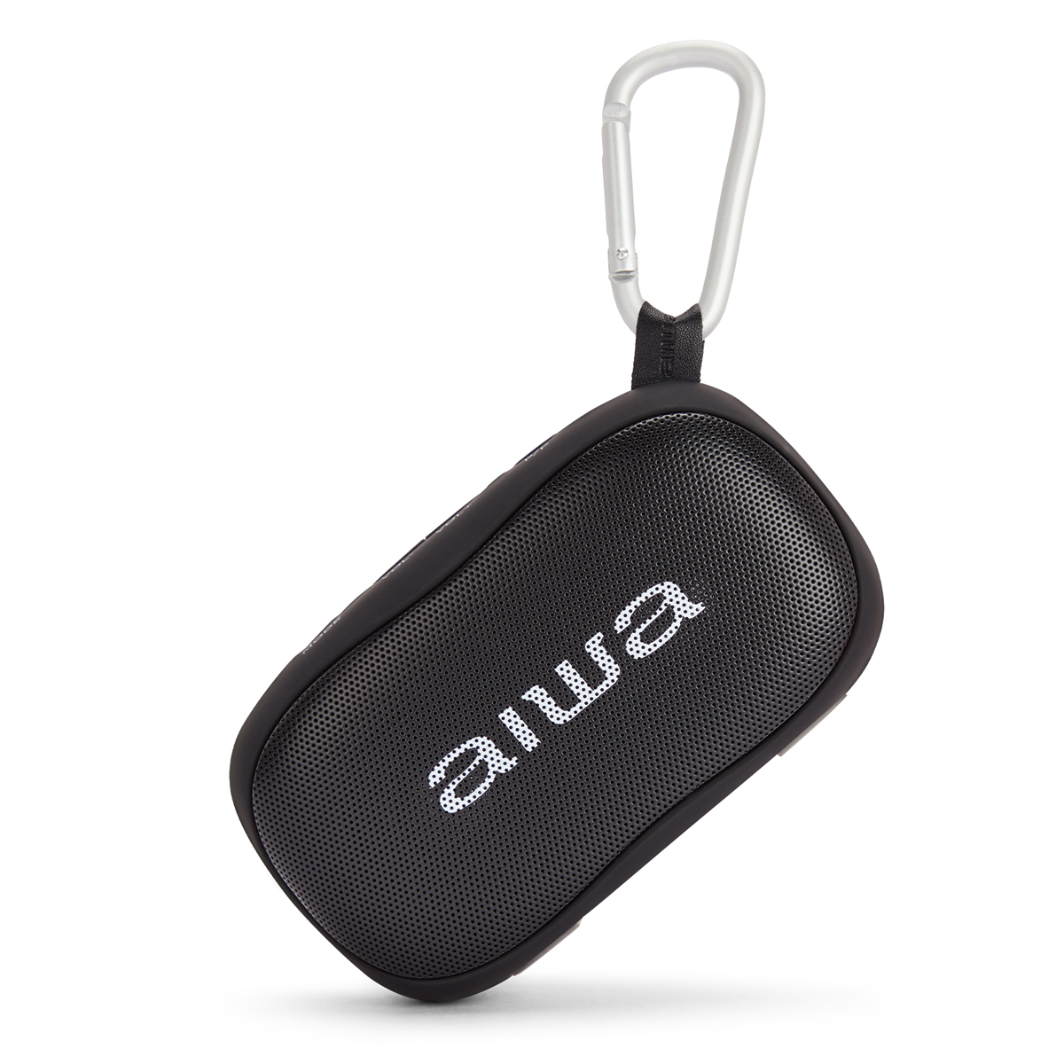 Schwarze Lautsprecherhülle mit silbernem Karabiner. Die Hülle hat das Wort 'aiwa' in Weiß.