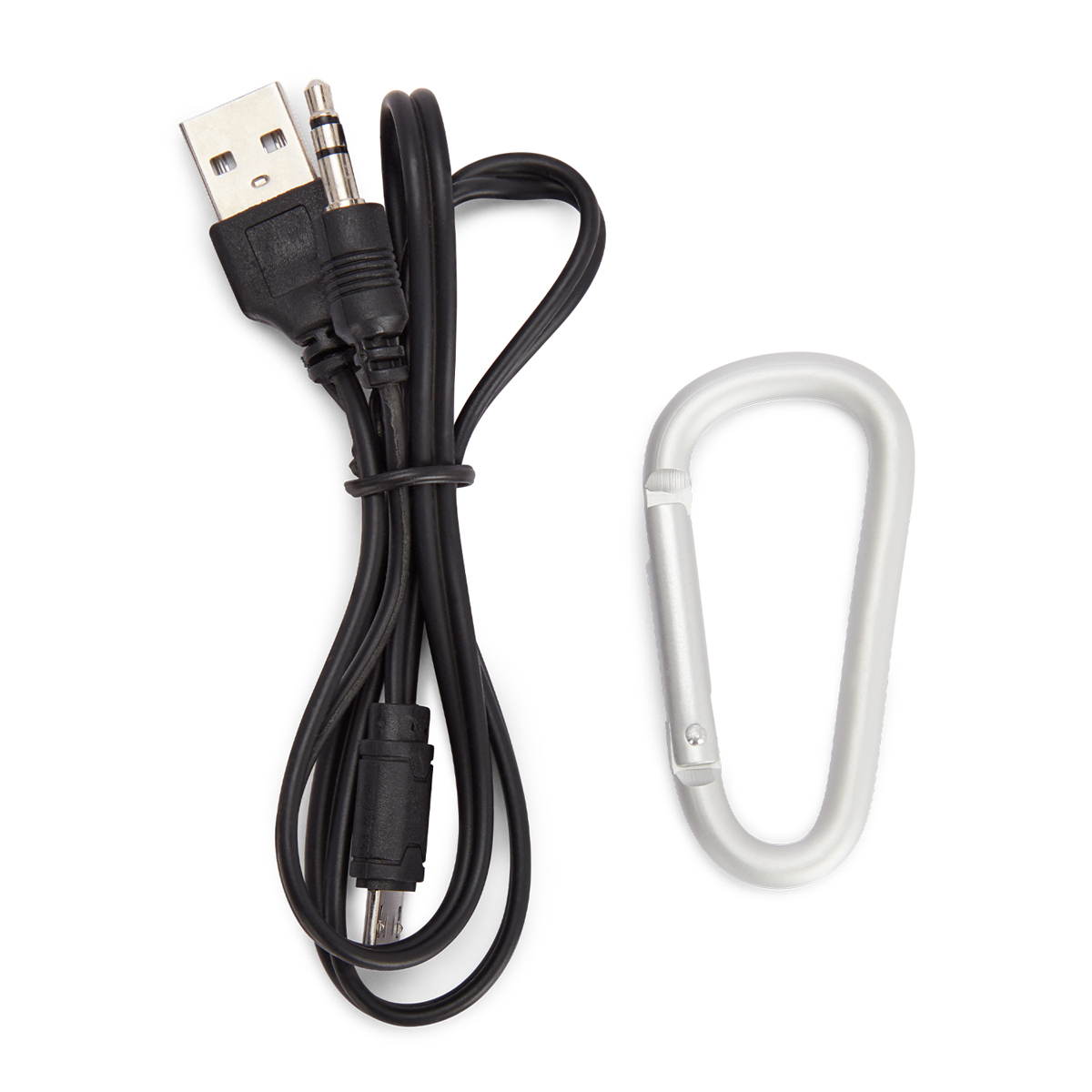 Schwarzes USB- und Audiokabel mit silbernem Karabinerhaken auf weißem Untergrund.