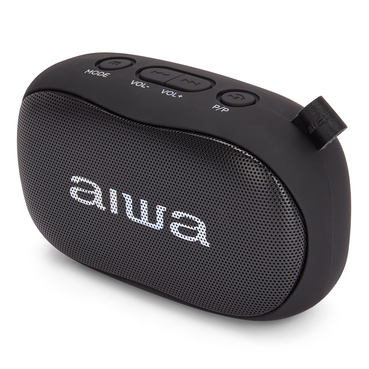 Schwarzer Aiwa-Lautsprecher. Bedienelemente oben, Mesh-Lautsprecher. Angeschnittene Perspektive.