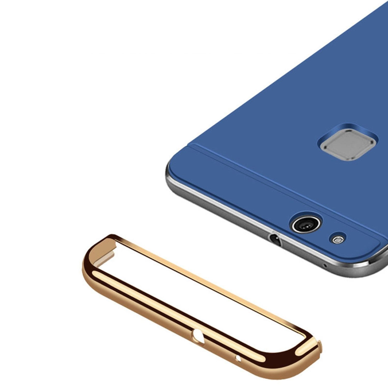 Blaues Telefon mit goldenem Rahmen und goldenem Kamerarahmen.