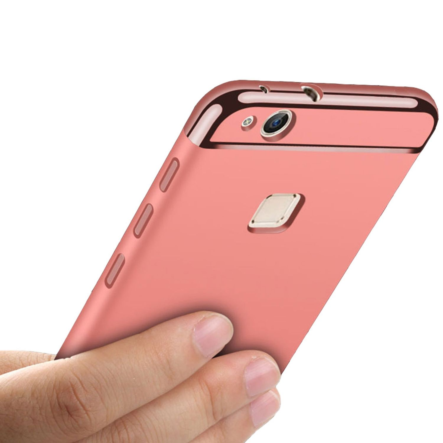 Rosa Handyhülle mit Kamera und Knöpfen sichtbar. Eine Hand hält das Telefon.
