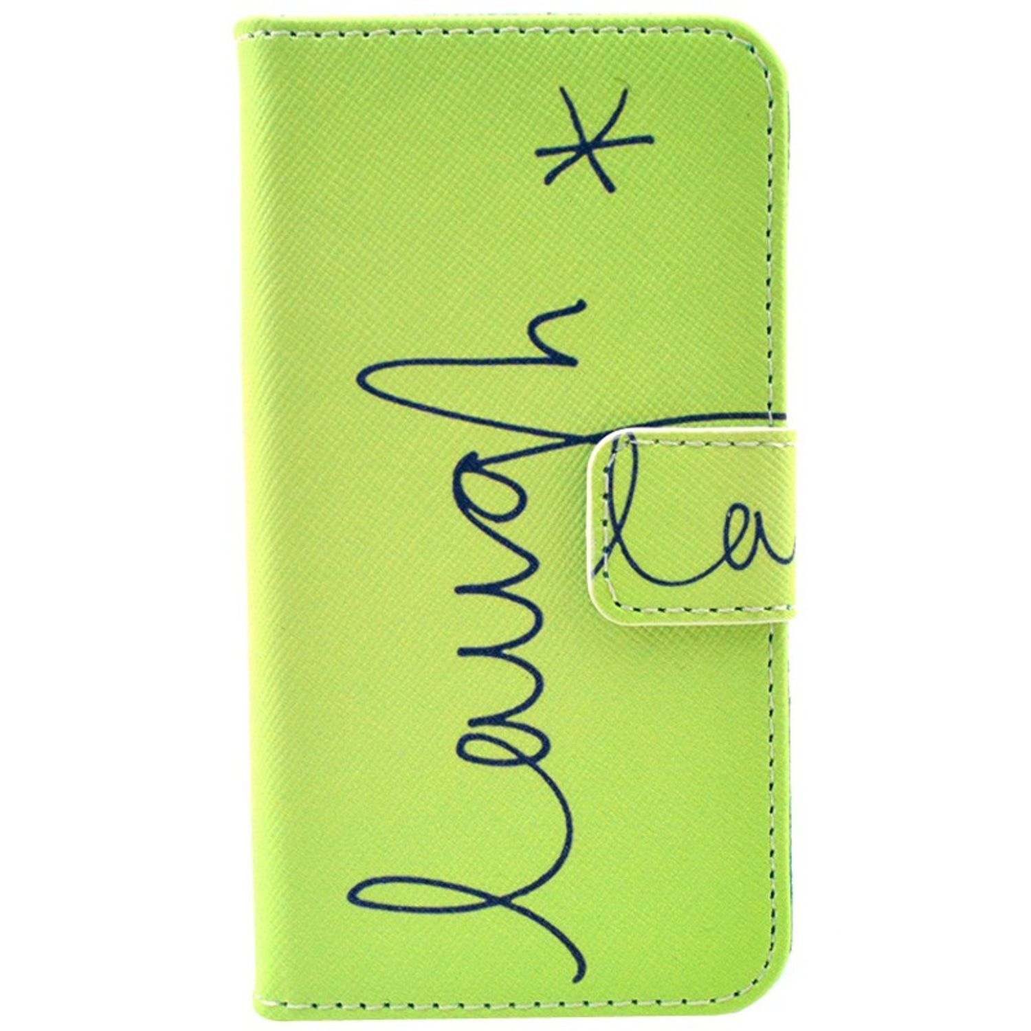 Limettengrüne Handyhülle mit dem Wort "laugh" in Schreibschrift und einem Sternchen. Weißer Hintergrund.